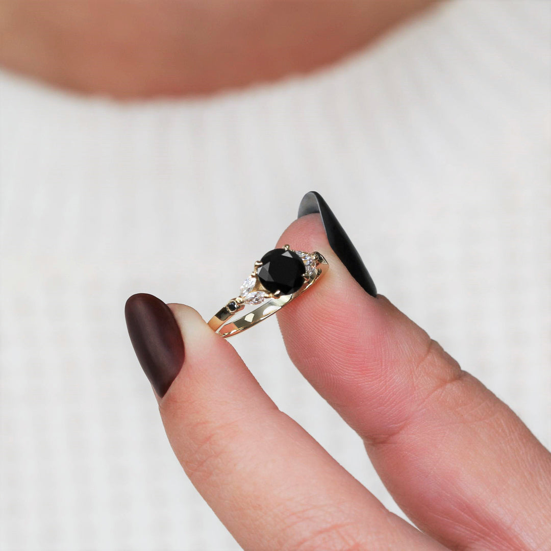 Floral Natural Black & White Marquise Diamond Ring