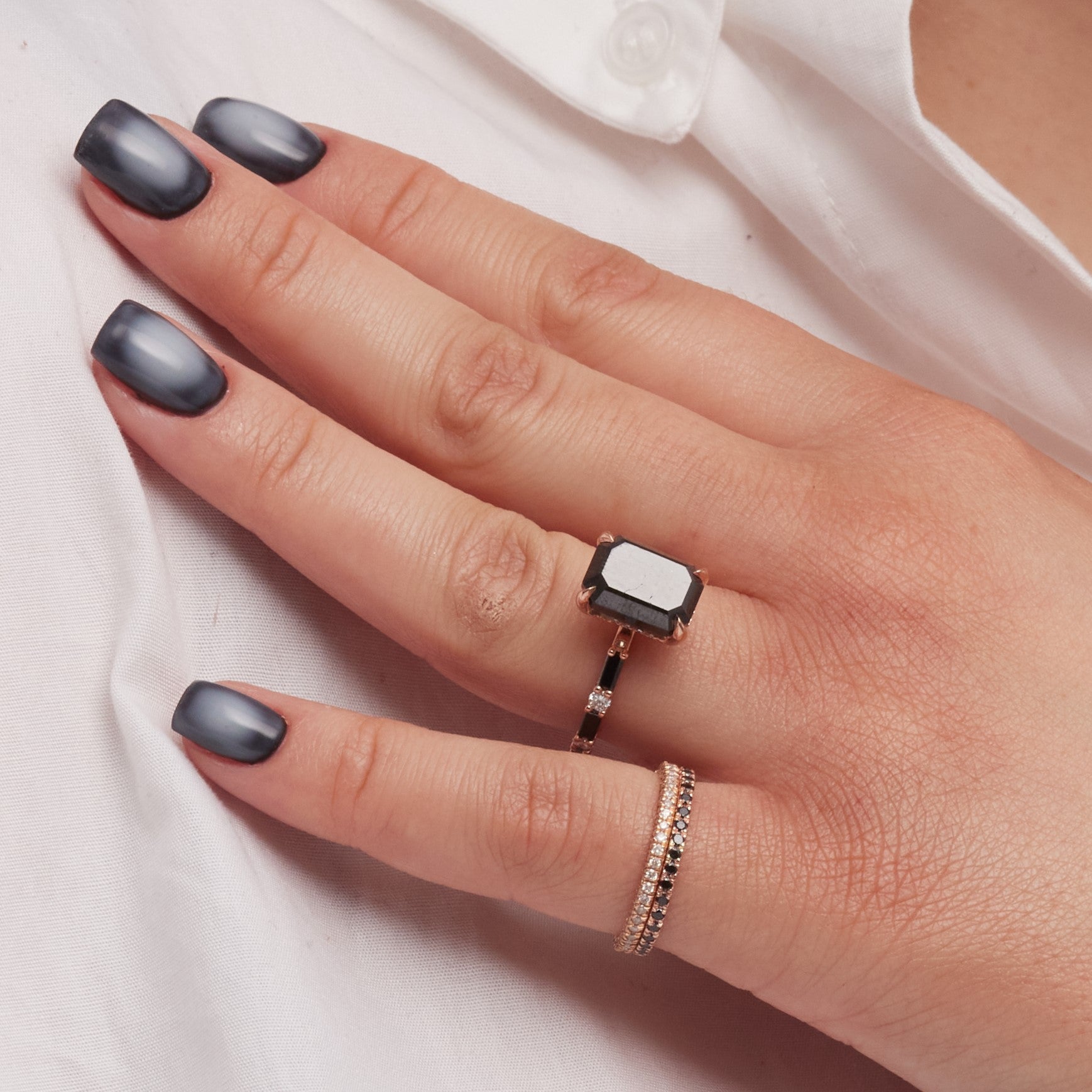 Unique Wedding Ring with Cut Natural Black Diamonds