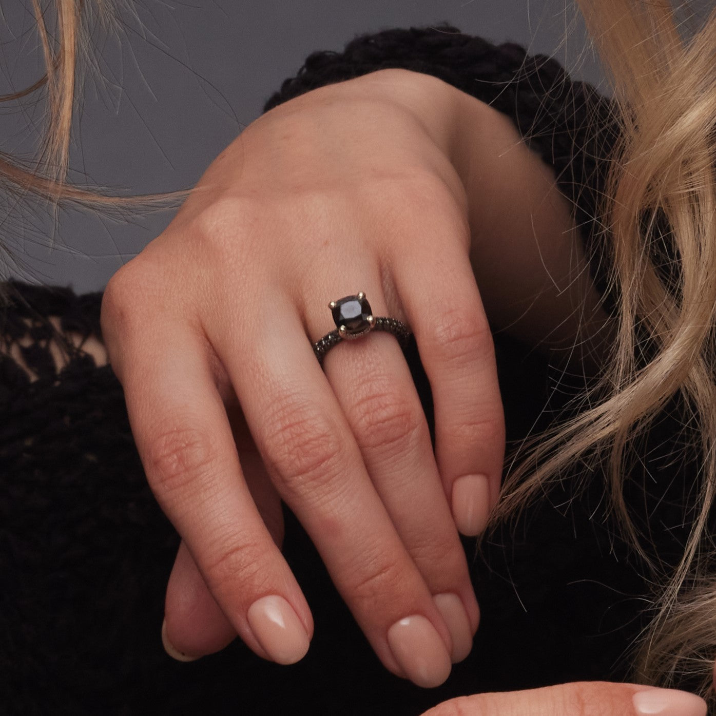 Unique Natural Black & White Diamond Cushion Cut Engagement Ring