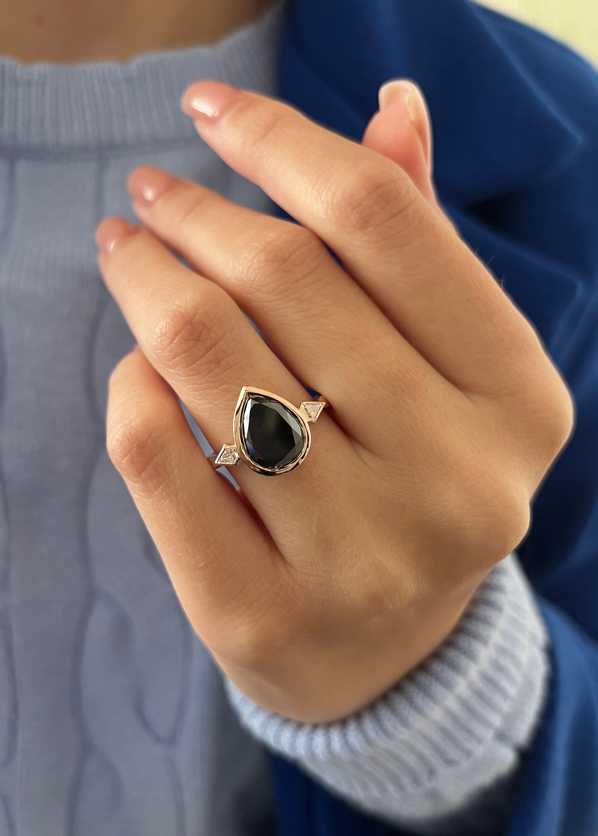 Three Stone Natural Black Diamond Pear Engagement Ring