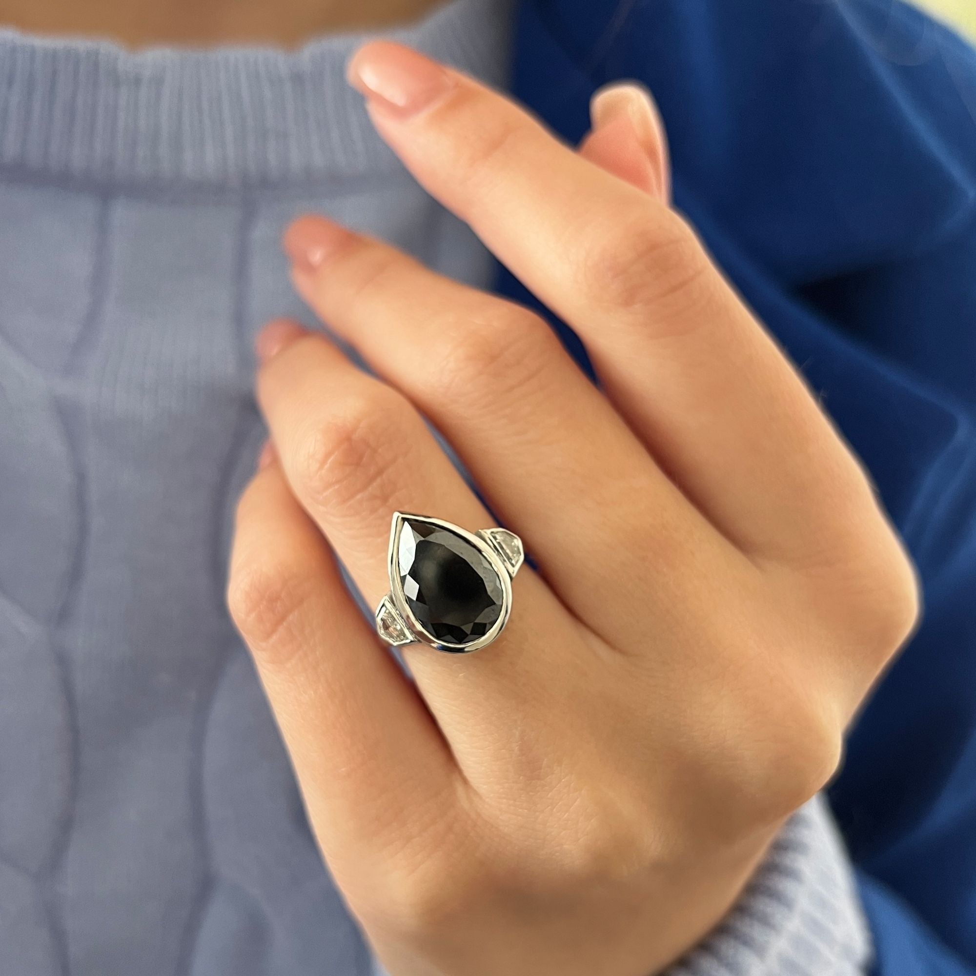 Bezel Natural Black Diamond Pear Engagement Ring