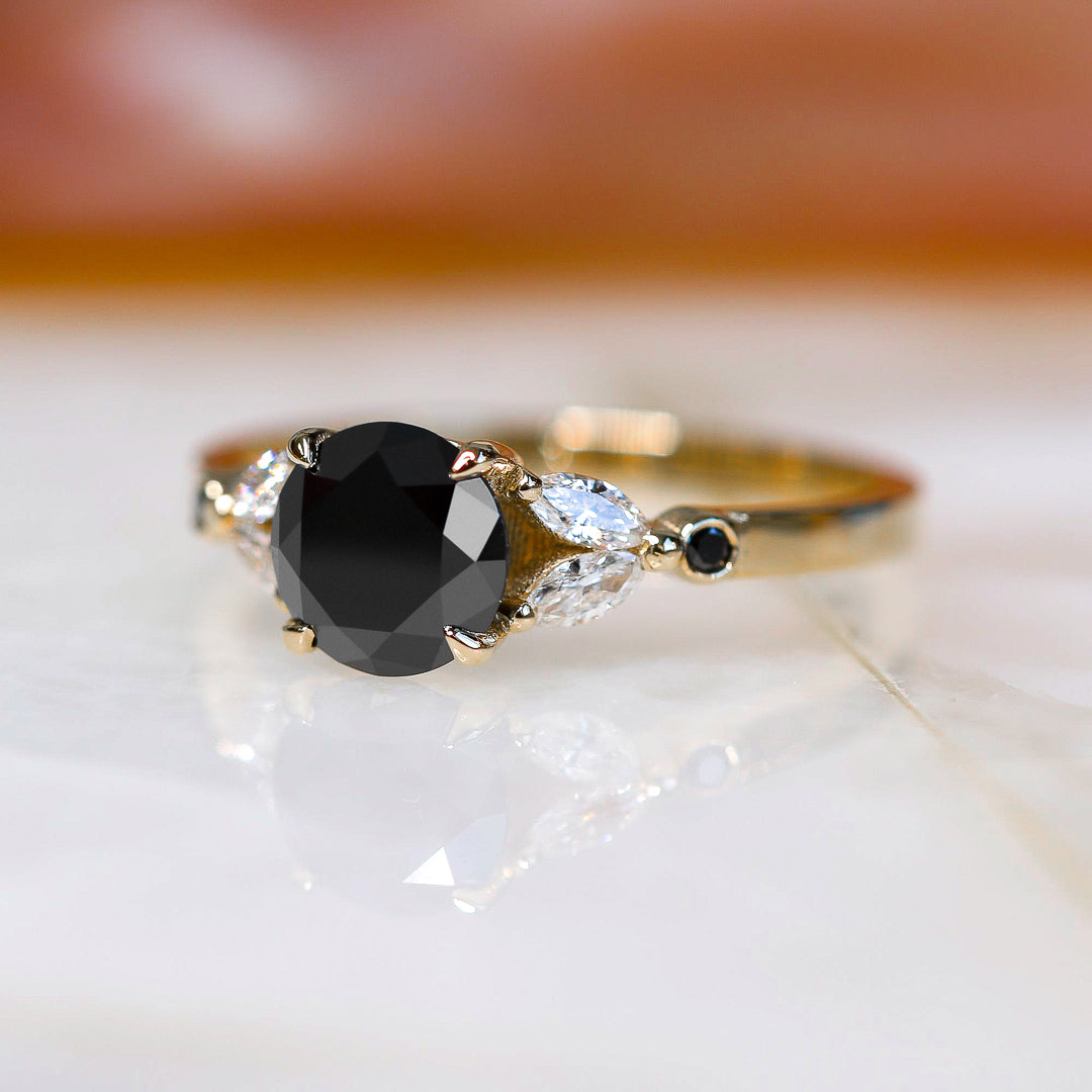 Floral Natural Black & White Marquise Diamond Ring