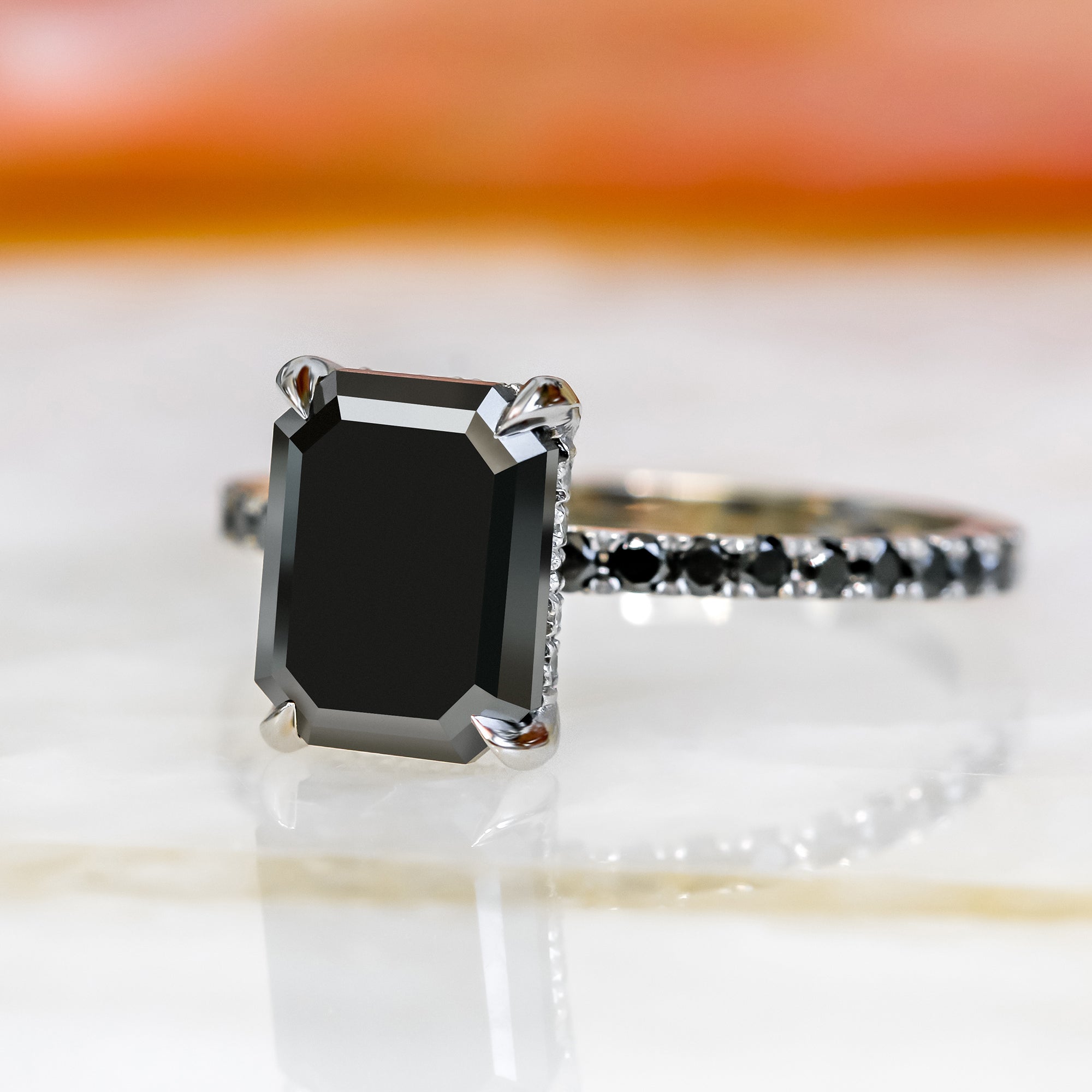 Unique Natural Black Diamond Emerald Cut Engagement Ring