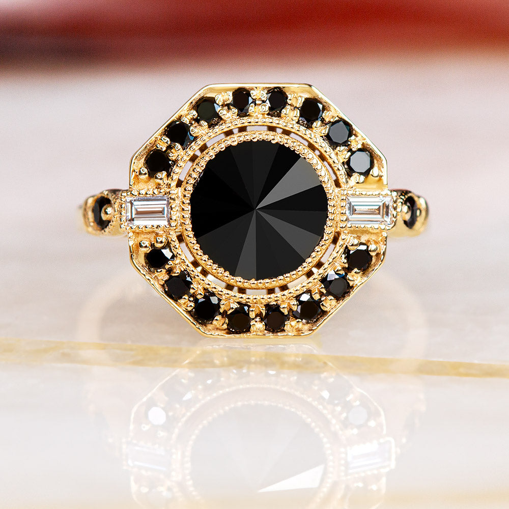Inverted Natural Black & White Baguette Diamond Ring