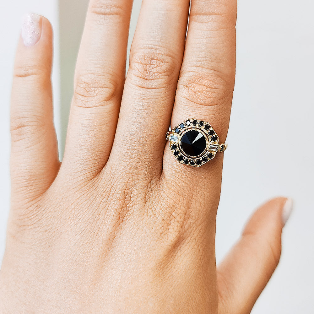 Inverted Natural Black & White Baguette Diamond Ring