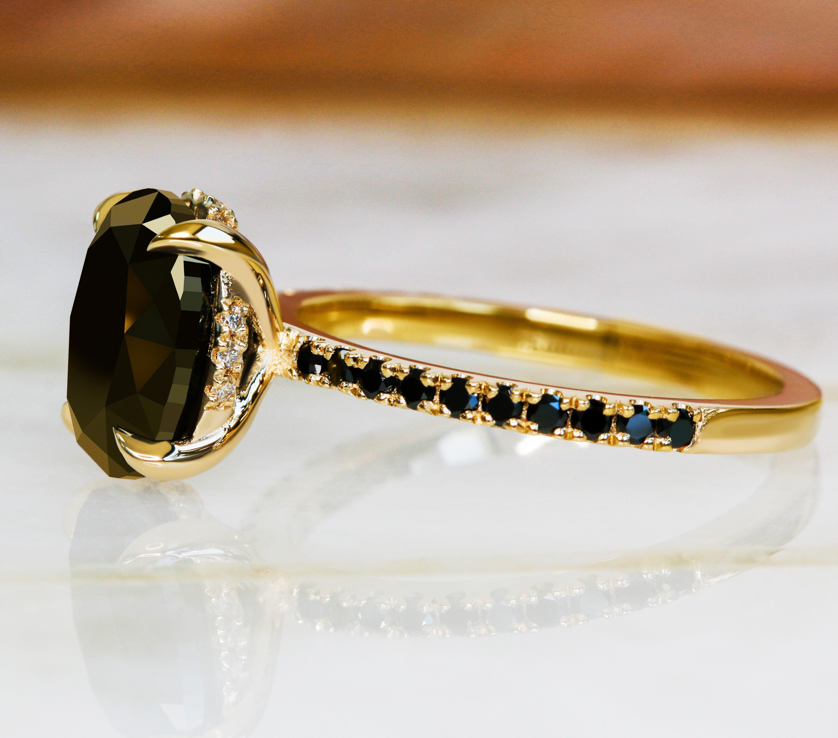 Black & White Natural Black Diamond Oval Cut Engagement Ring