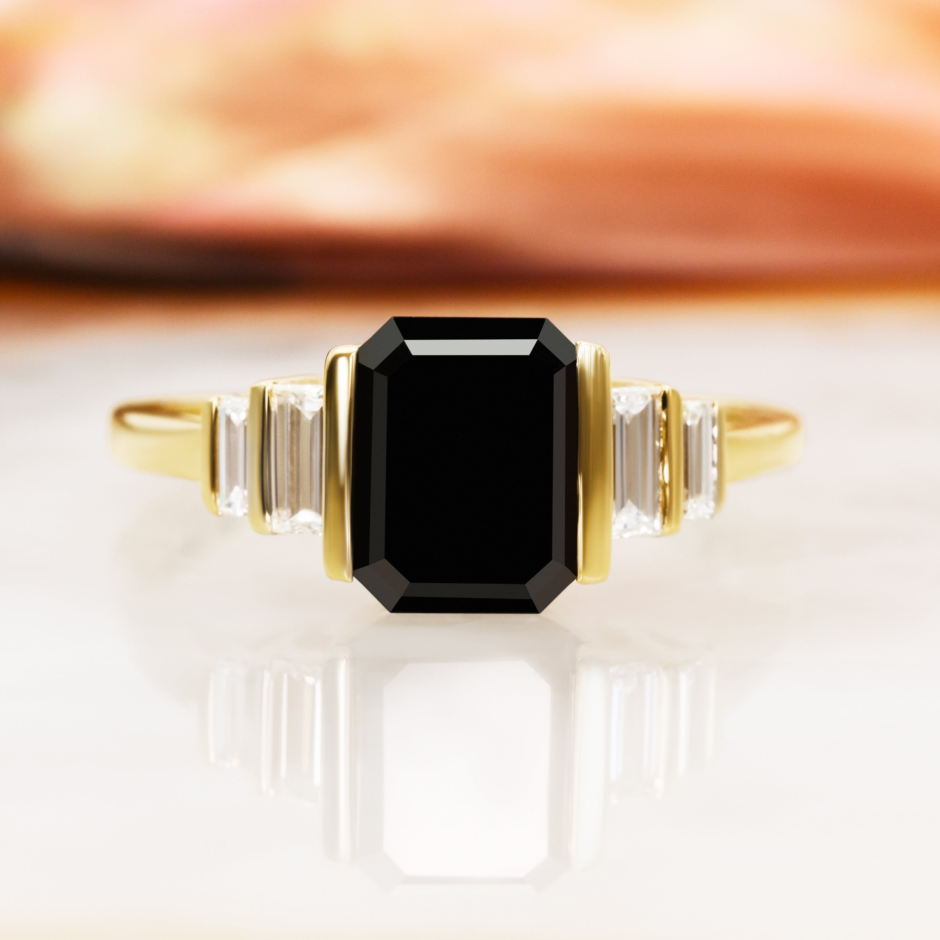 Art Deco Natural Black Diamond Emerald Engagement Ring in Yellow Gold