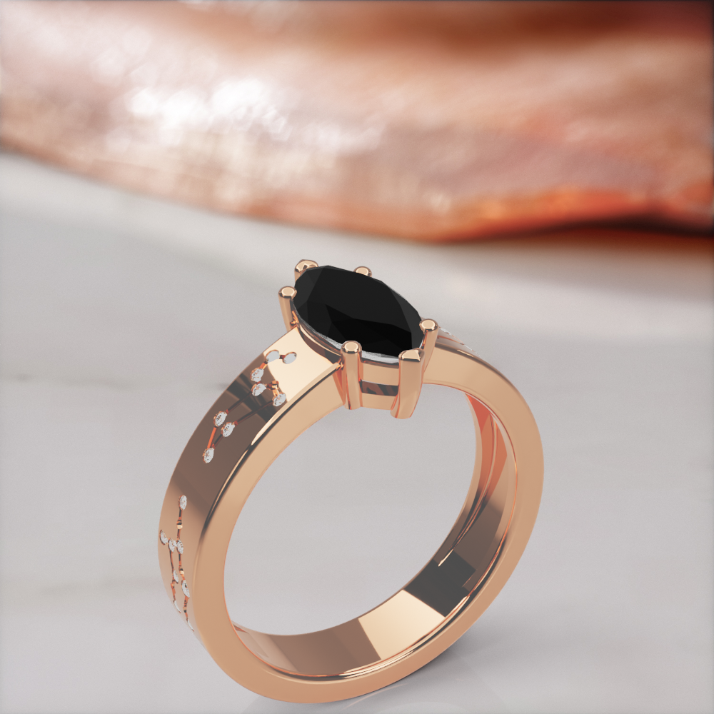 Constellation engagement ring in rose gold with a natural black marquise diamond and white constellation diamonds, standing three-quarter view