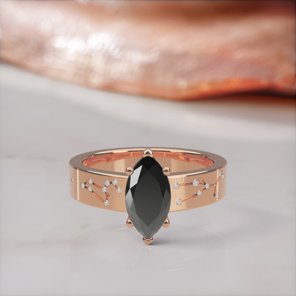 Constellation engagement ring in rose gold with a natural black marquise diamond and white constellation diamonds, front view lying flat