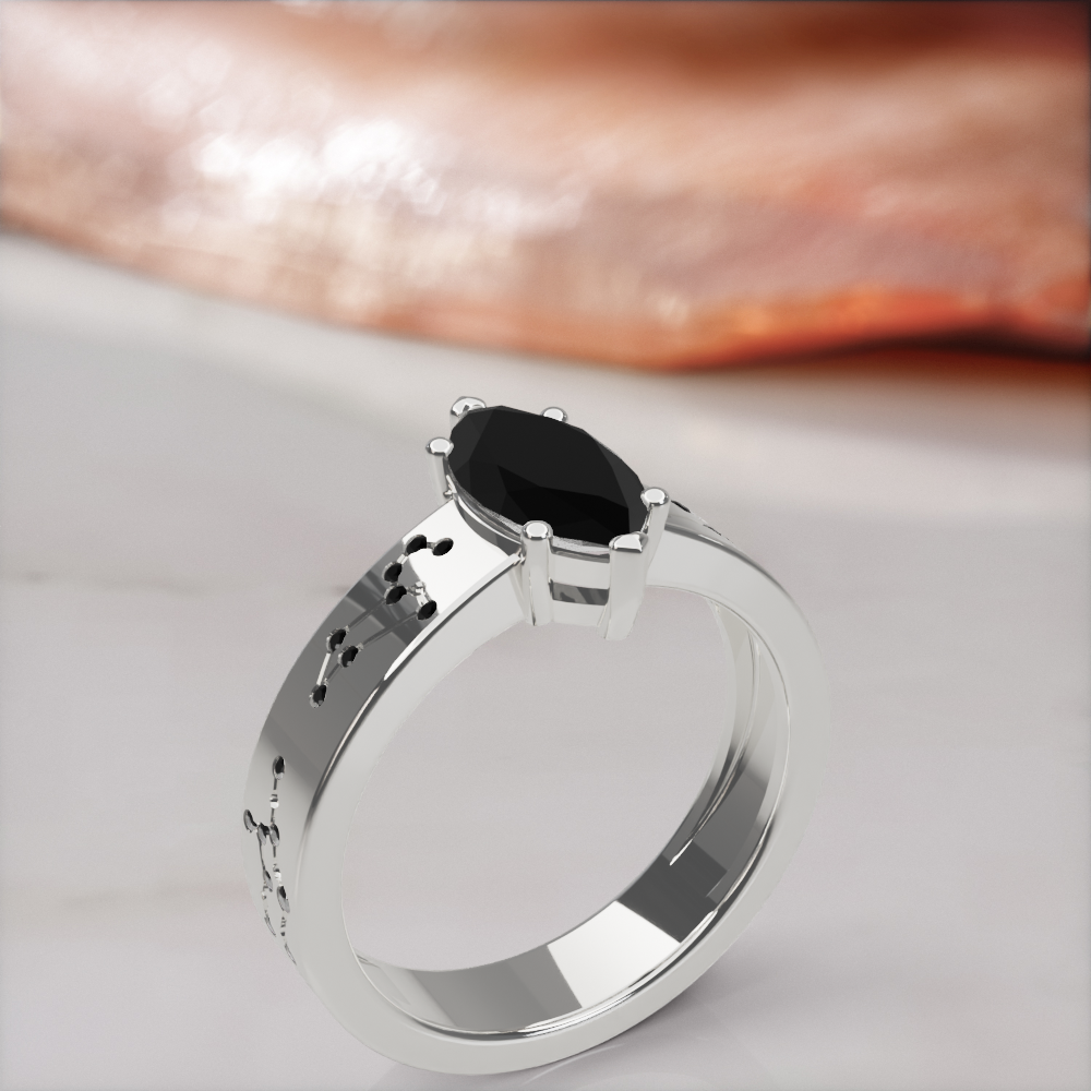 Constellation engagement ring in white gold with a natural black marquise diamond and black constellation diamonds, standing three-quarter view