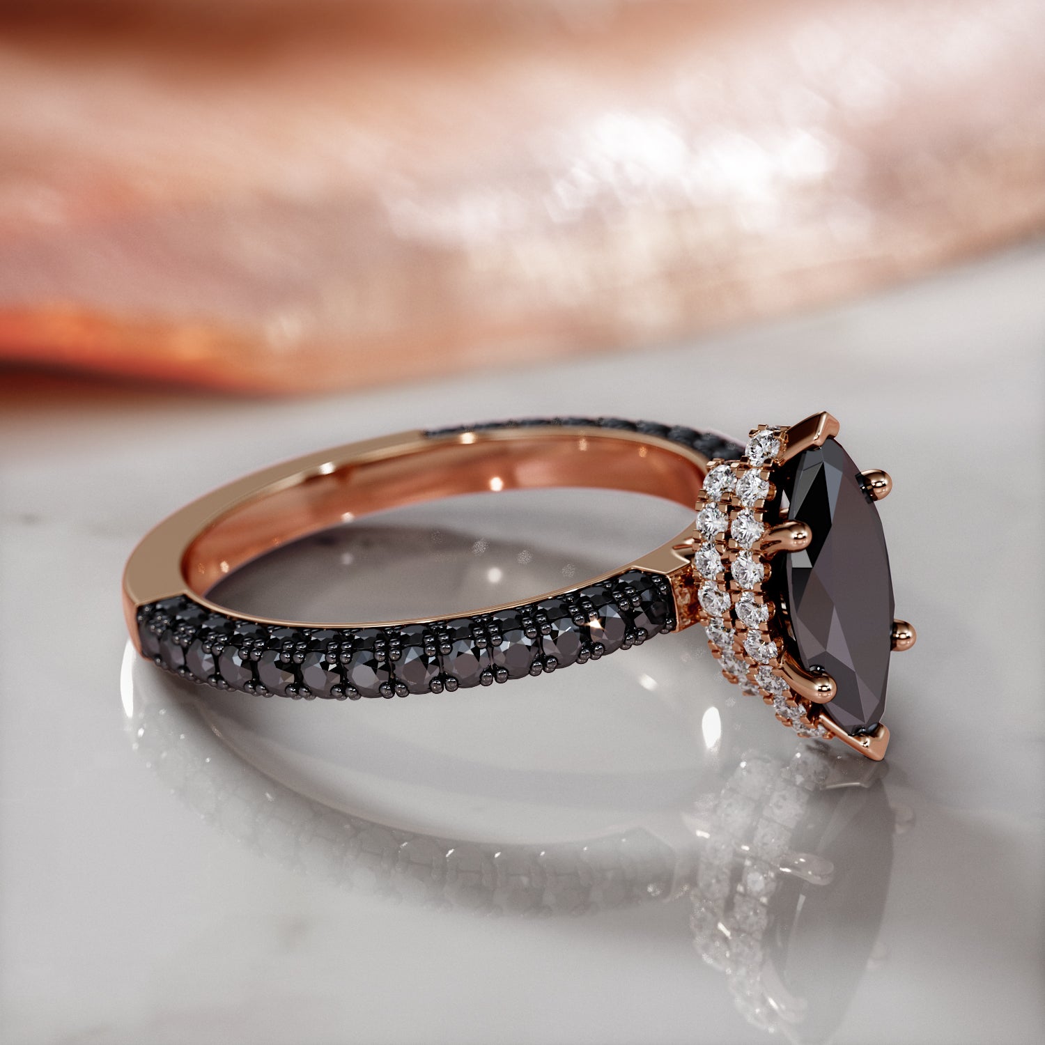 Black Diamond Natural Black Diamond Marquise Engagement Ring in Rose Gold