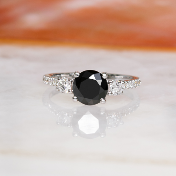 Unique Natural Black Diamond Round Engagement Ring