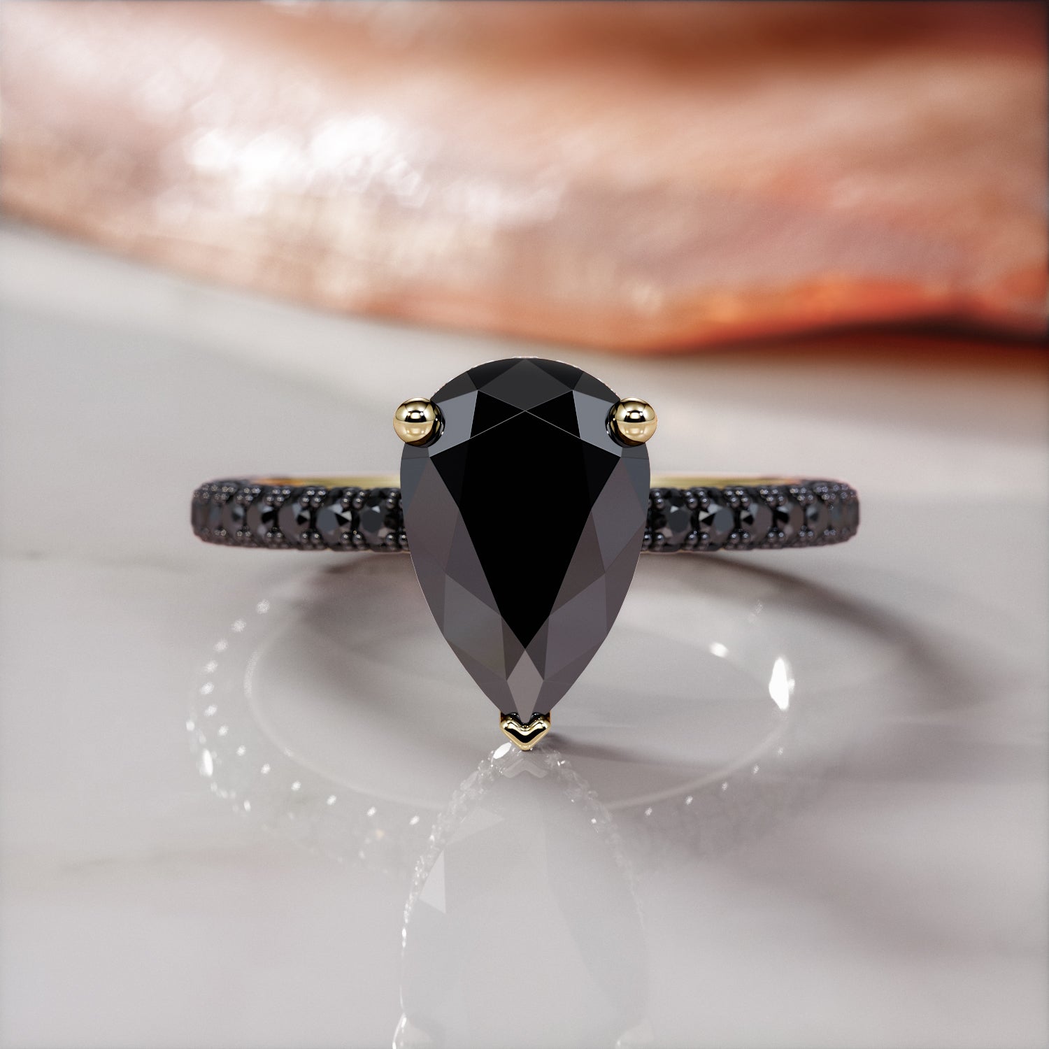 Natural Black Diamond Pear Engagement Ring in 14K Gold