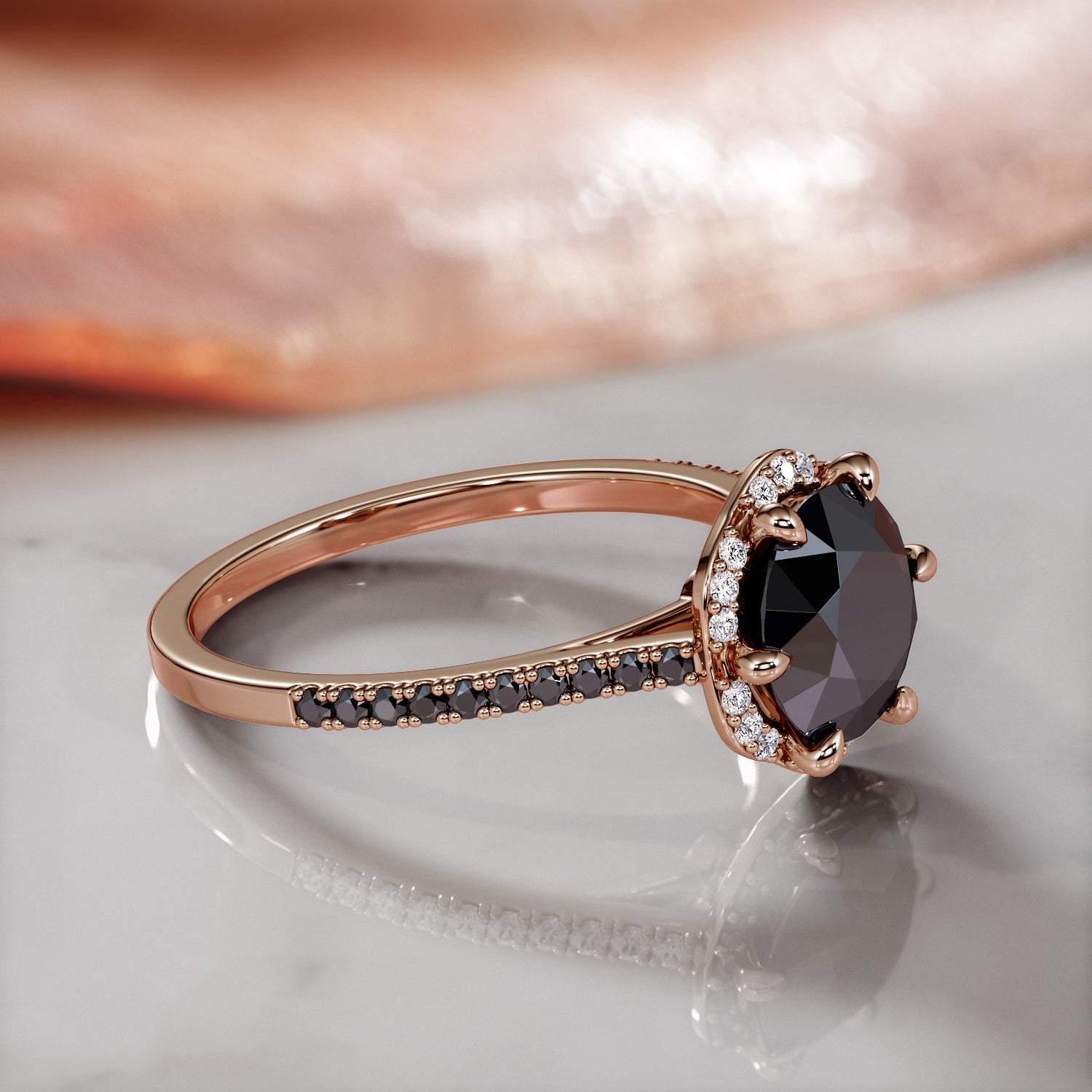 Vintage Natural Black Diamond Round Engagement Ring