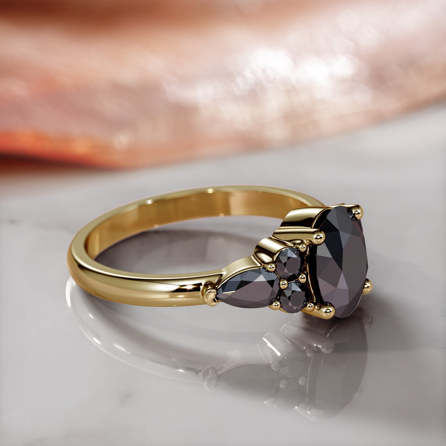 Art Deco Natural Black Diamond Oval Engagement Ring in Yellow Gold