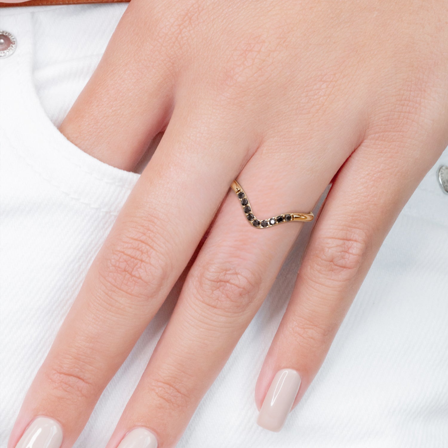Curved Natural Black Diamond Wedding RIng