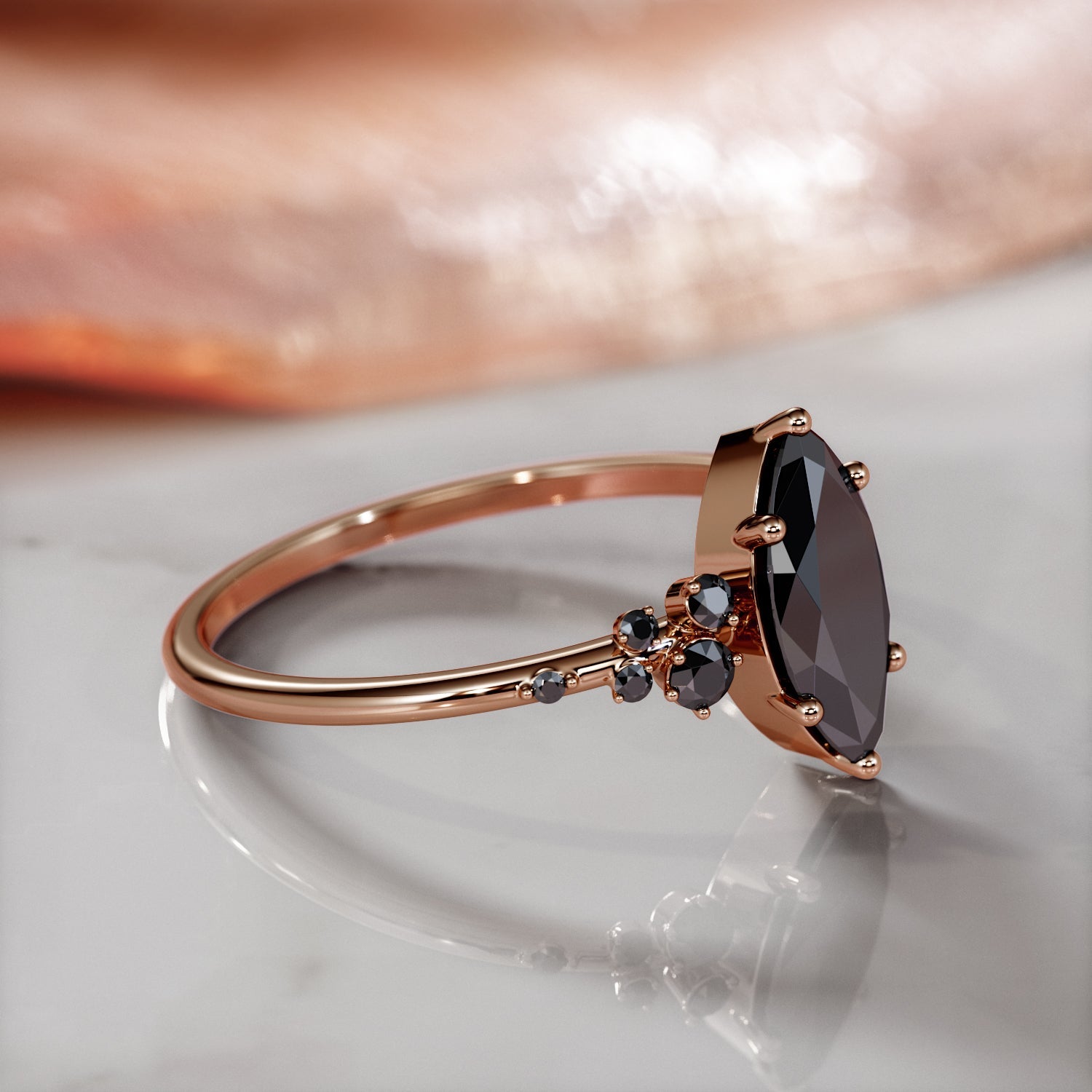 Cluster Natural Black Diamond Marquise Engagement Ring in Rose Gold