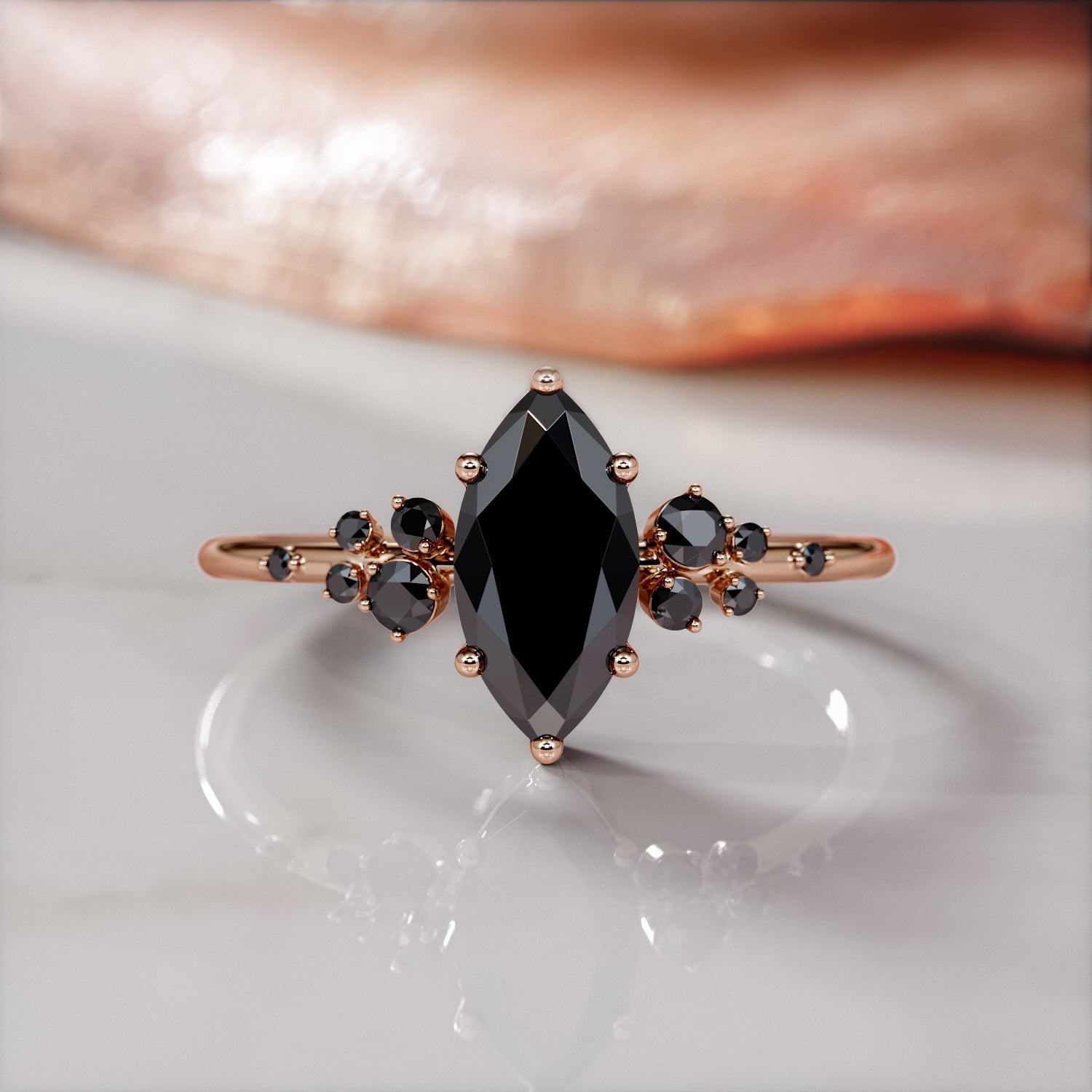 Cluster Natural Black Diamond Marquise Engagement Ring in Rose Gold