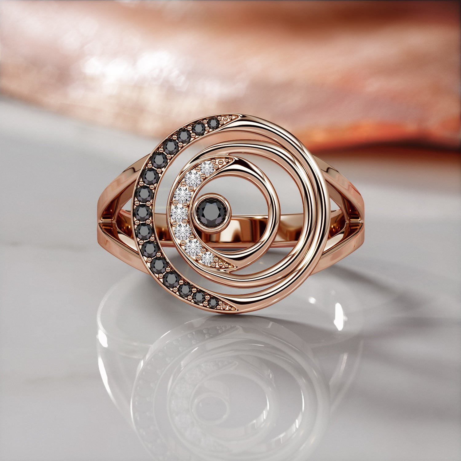 Cresented Natural Black Diamond Wedding RIng