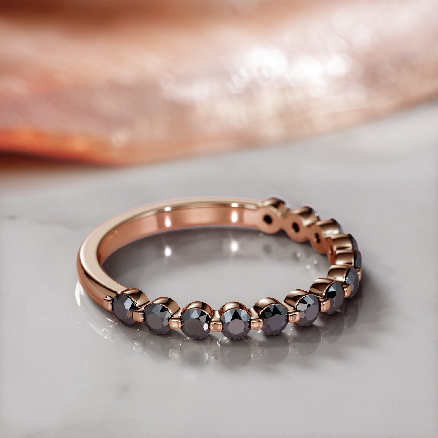 Half Eternity Natural Black Diamond Engagement Ring in Rose Gold