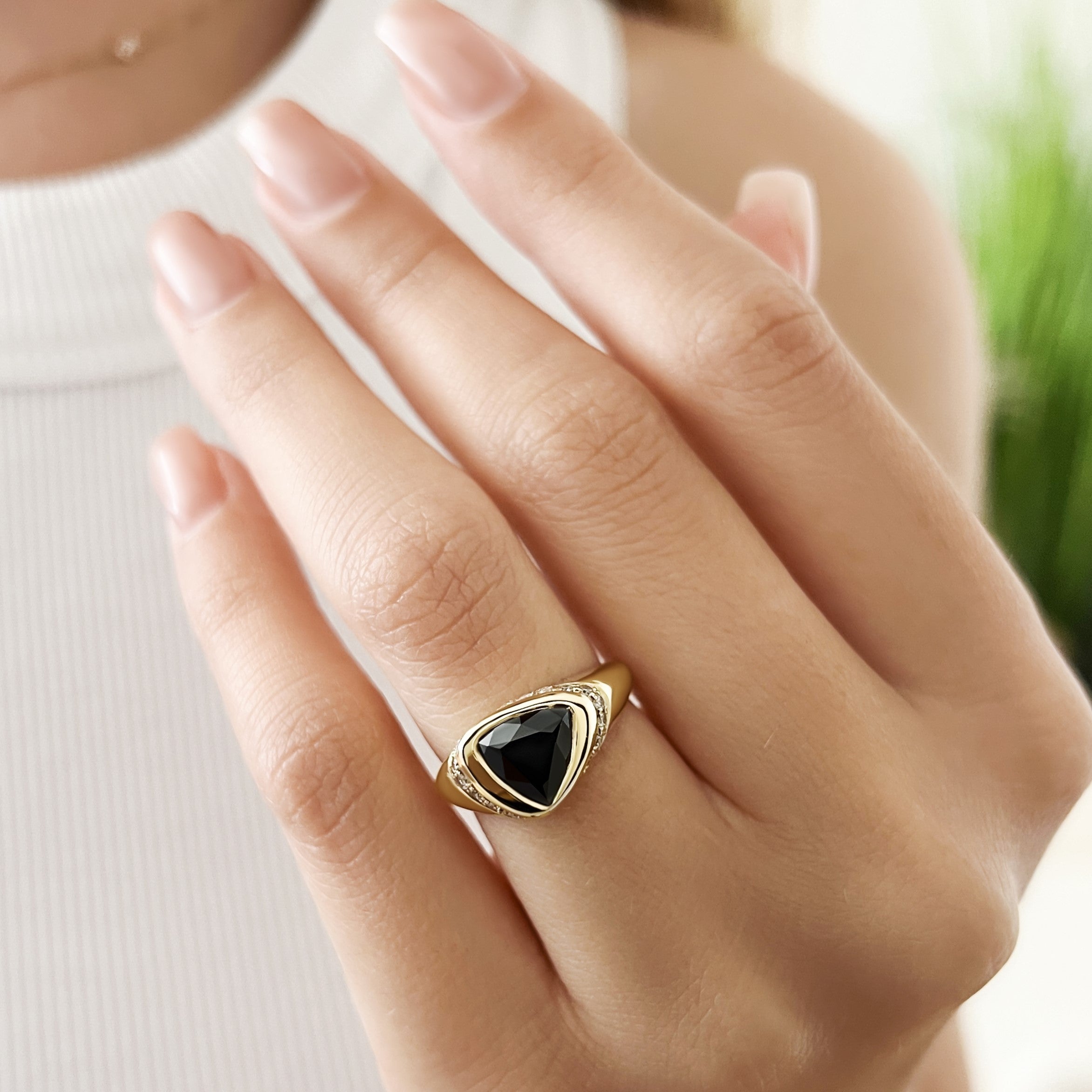Oriented Natural Black Diamond Triangle Engagement Ring