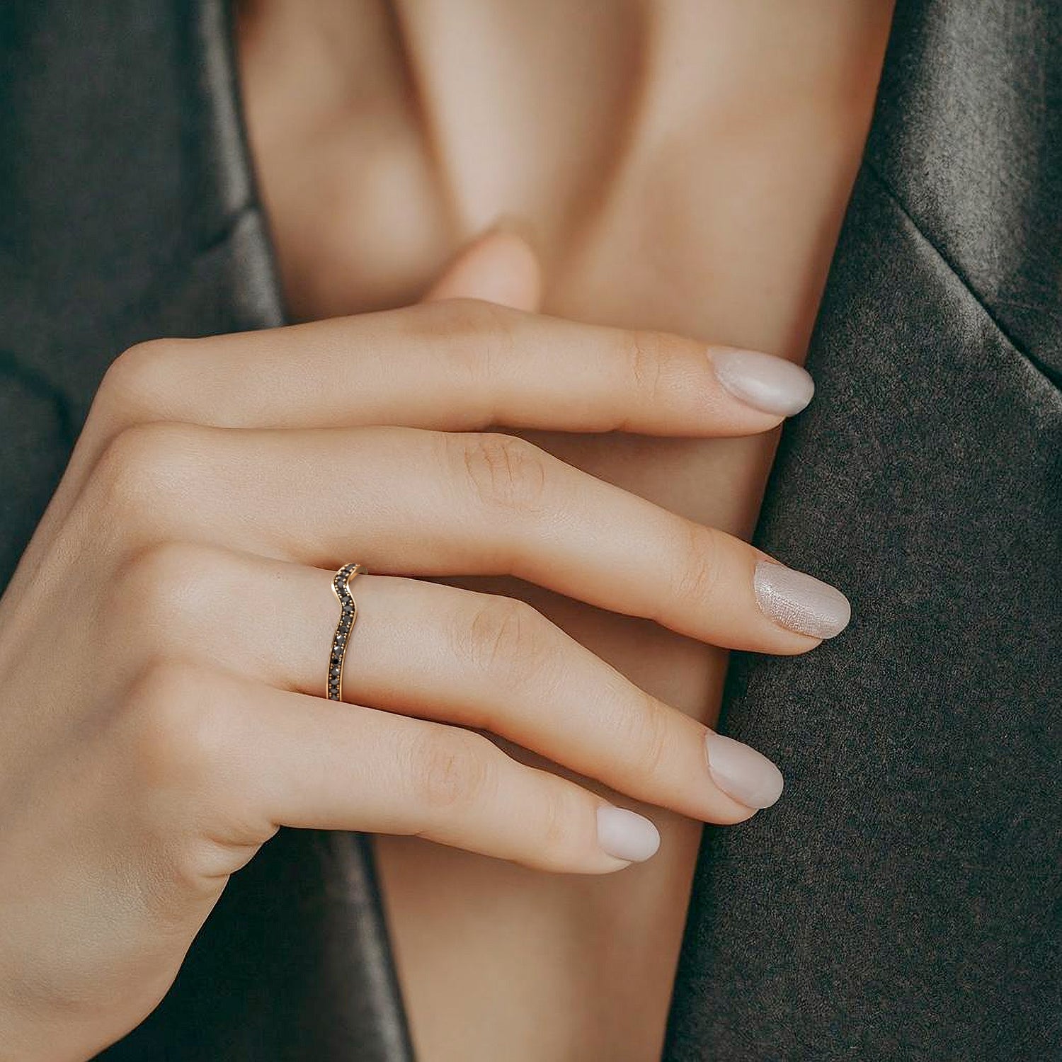 Wavey Natural Black Diamond Wedding Band