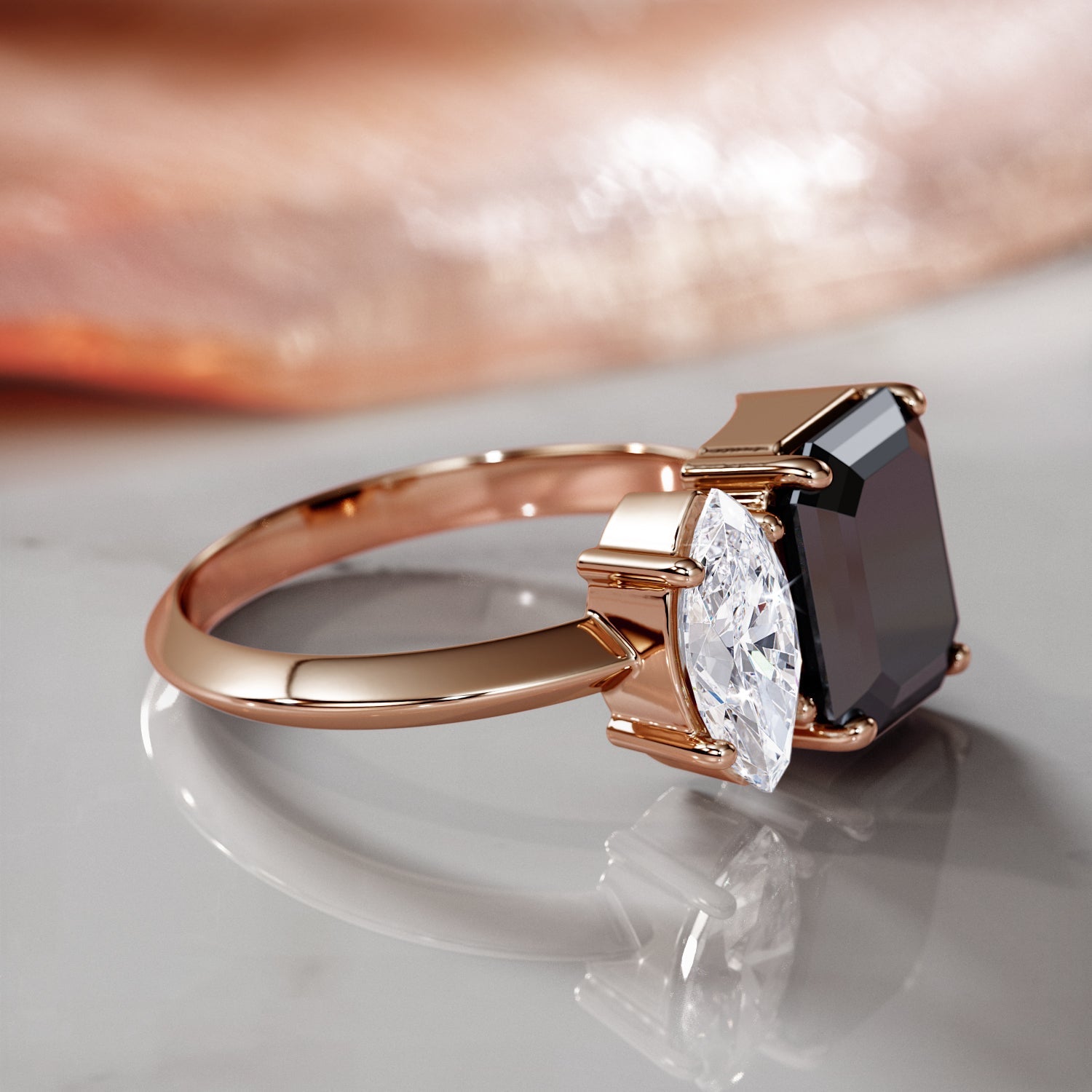 Mercury'S Moons - Two Stone Natural Black Diamond Emerald Engagement Ring