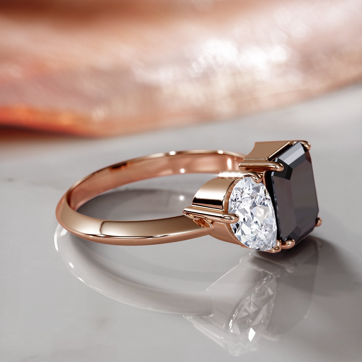 Two Stone Natural Black Diamond Emerald Cut Engagement Ring in Rose Gold