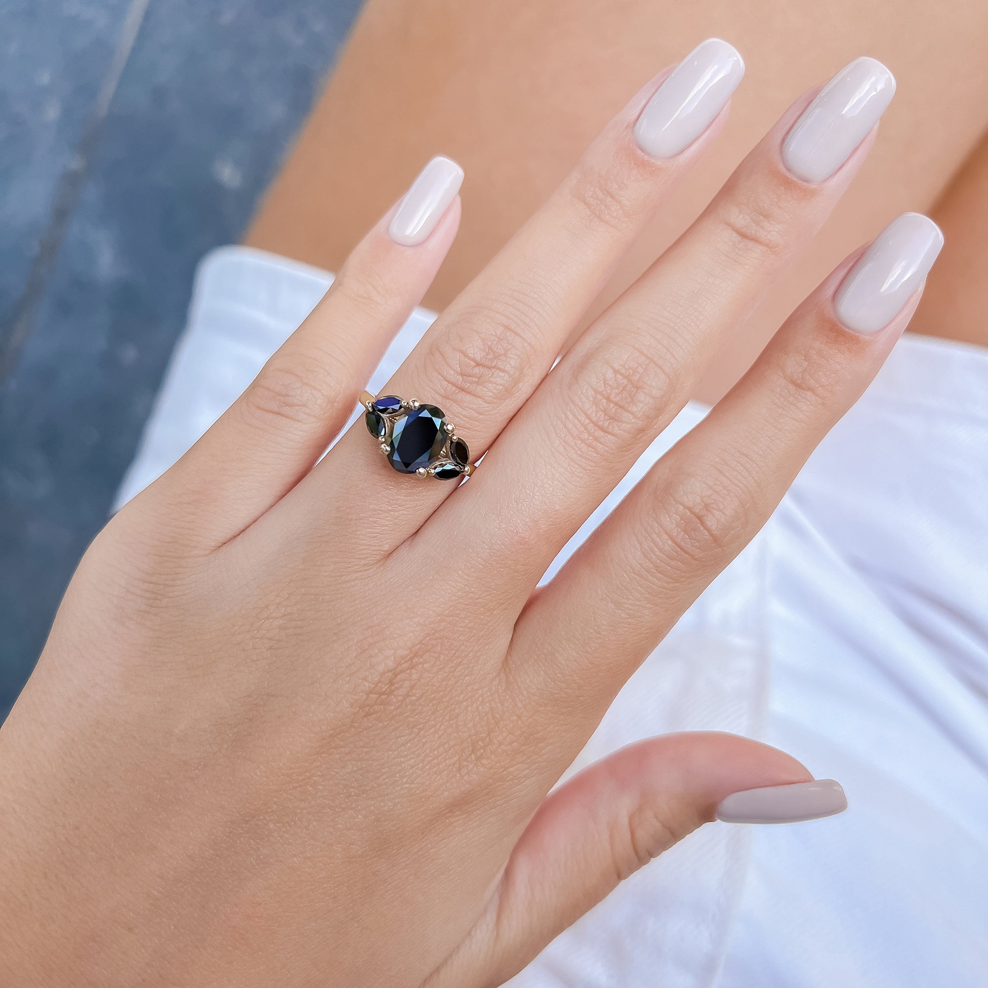Art Deco Natural Black Diamond Oval Engagement Ring