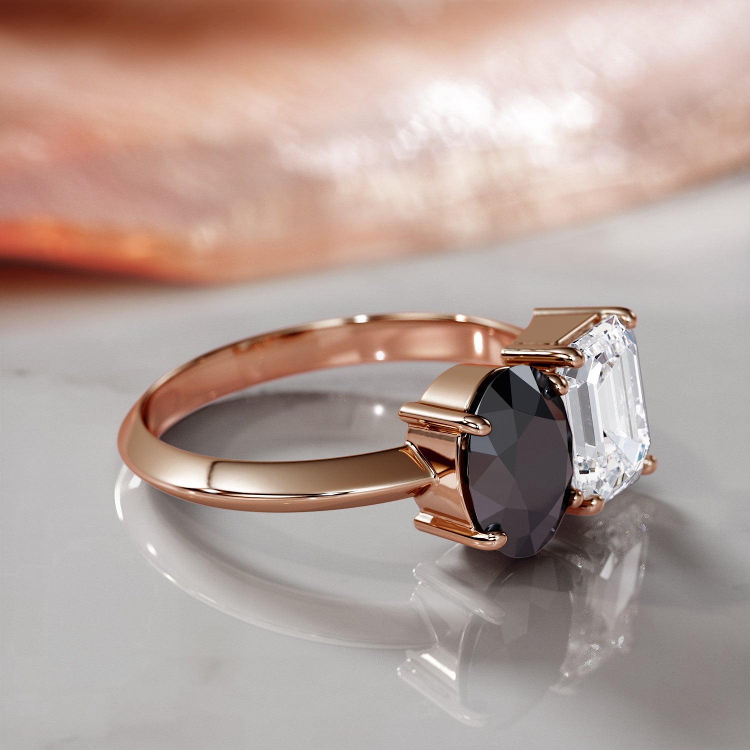 Two Stone Natural Black Diamond Oval Engagement Ring in Rose Gold