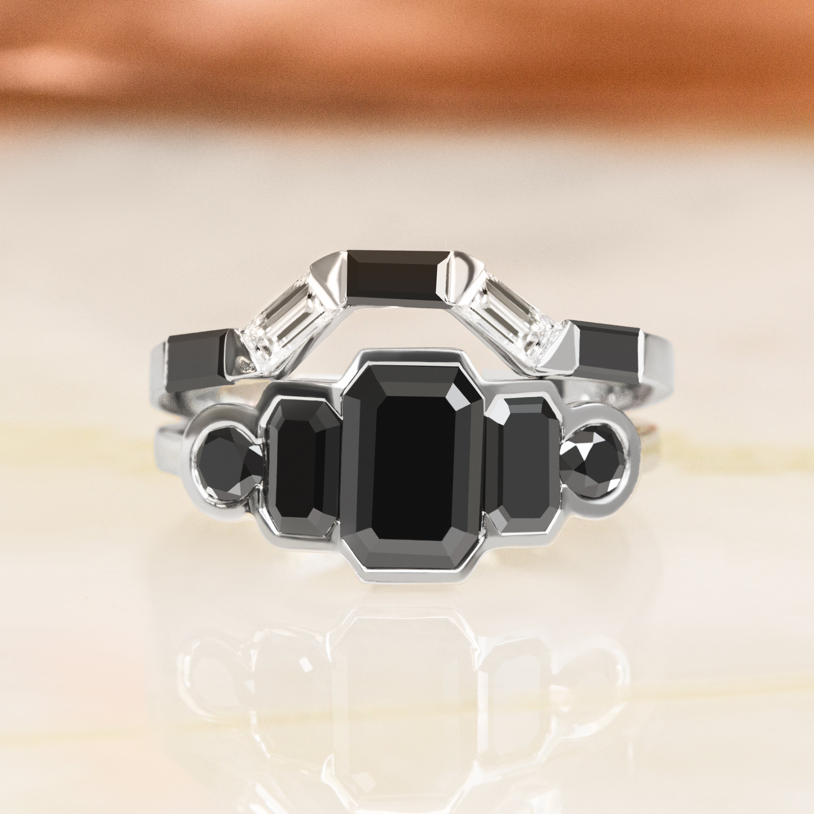 White Light - Trapezed Natural Black Diamond Ring Set With Baguette Cut Diamonds