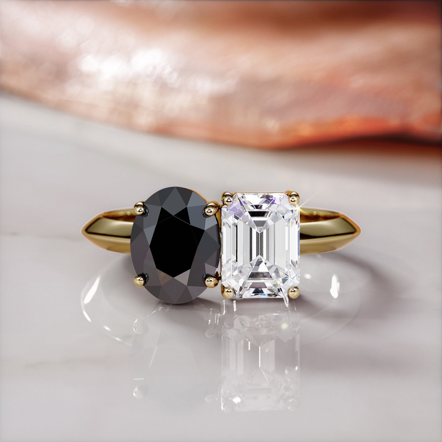 Two Stone Natural Black Diamond Oval Engagement Ring in Yellow Gold