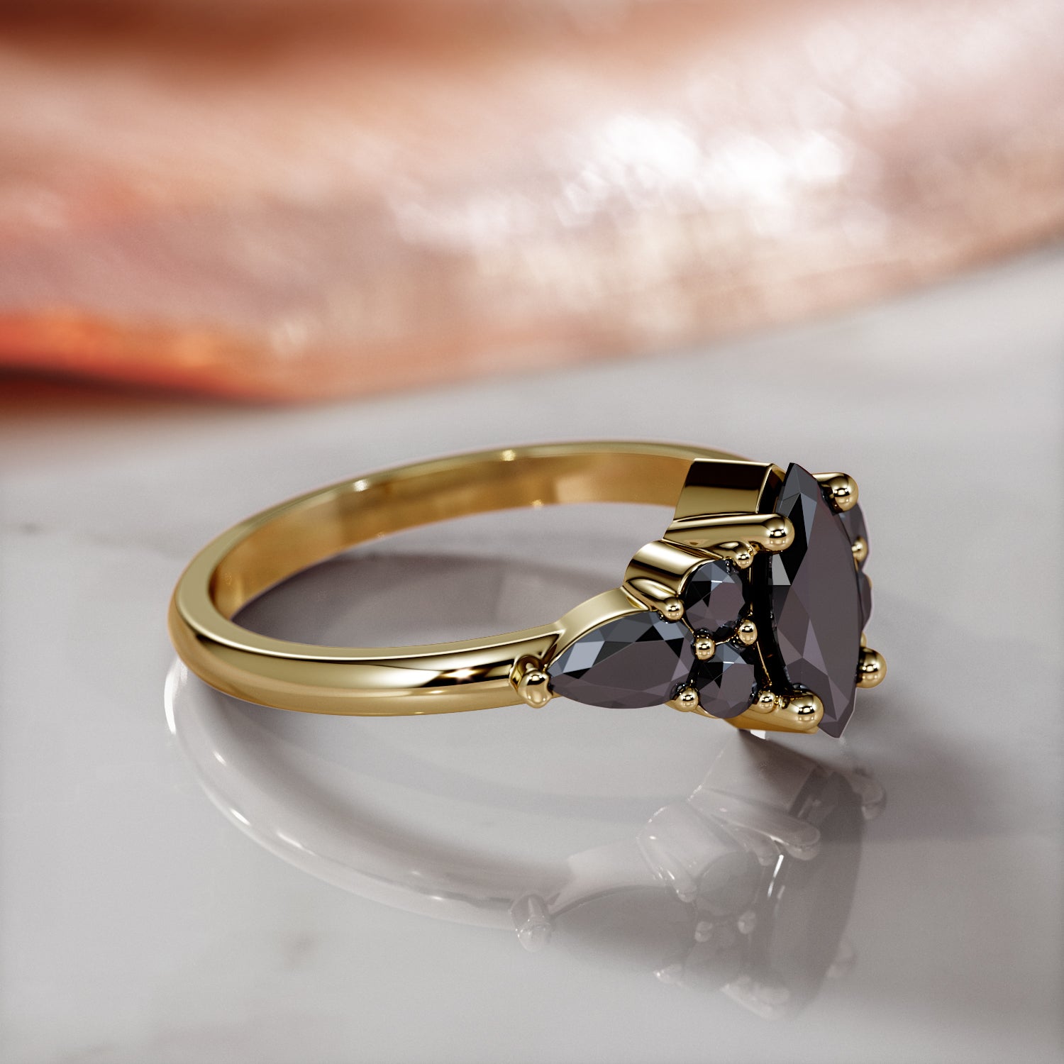 Art Deco Natural Black Diamond Marquise Engagement Ring in Yellow Gold