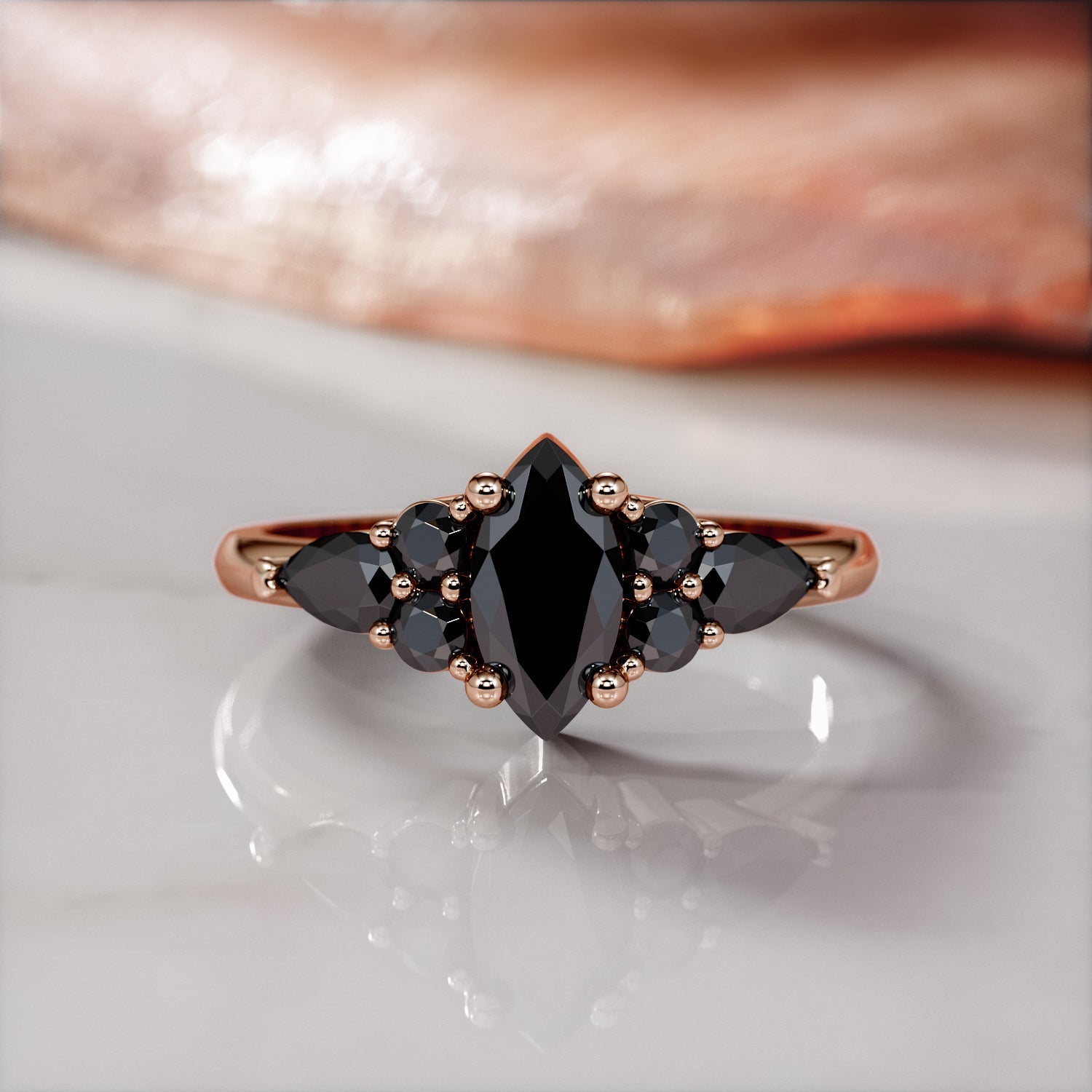 Art Deco Natural Black Diamond Marquise Engagement Ring in Rose Gold