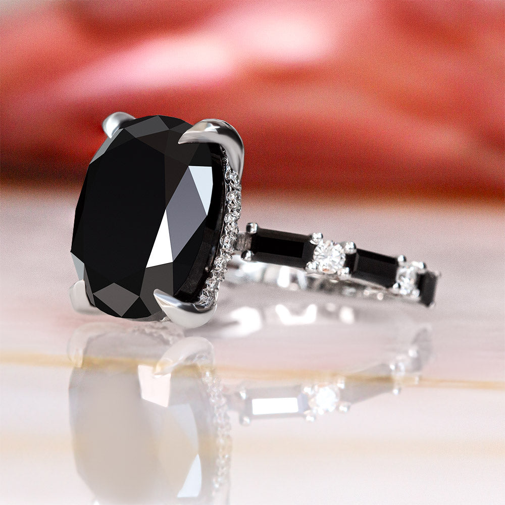Art Deco Natural Black Diamond Oval Engagement Ring