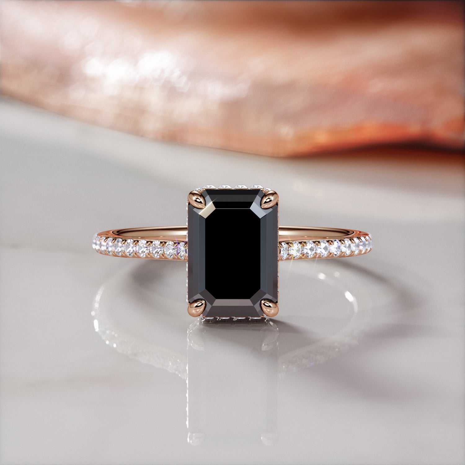 Art Deco Natural Black Diamond Emerald Cut Engagement Ring