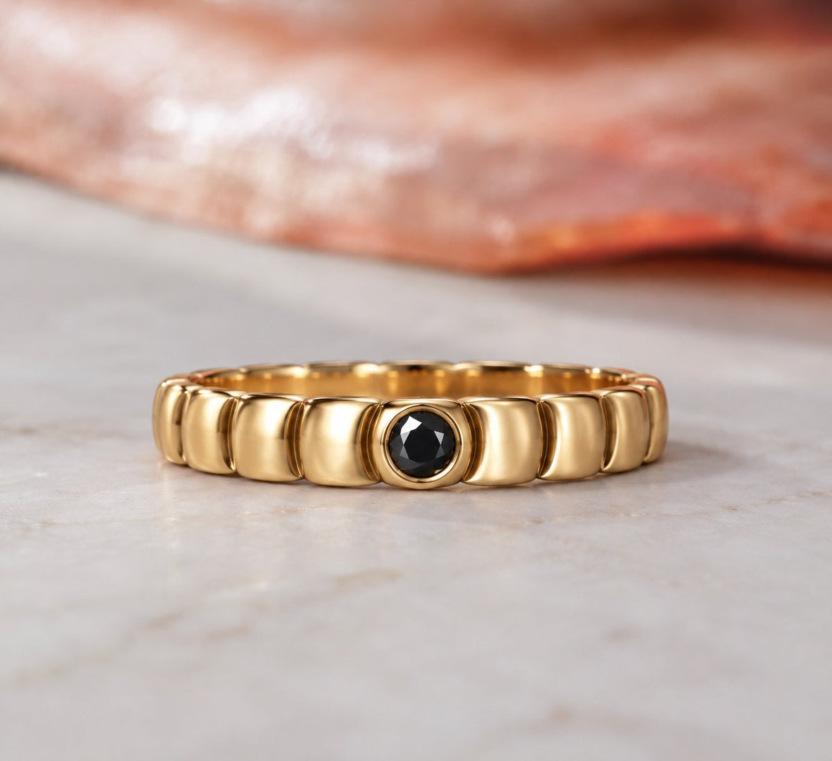 Gravitational Wave wedding band in yellow gold, front view