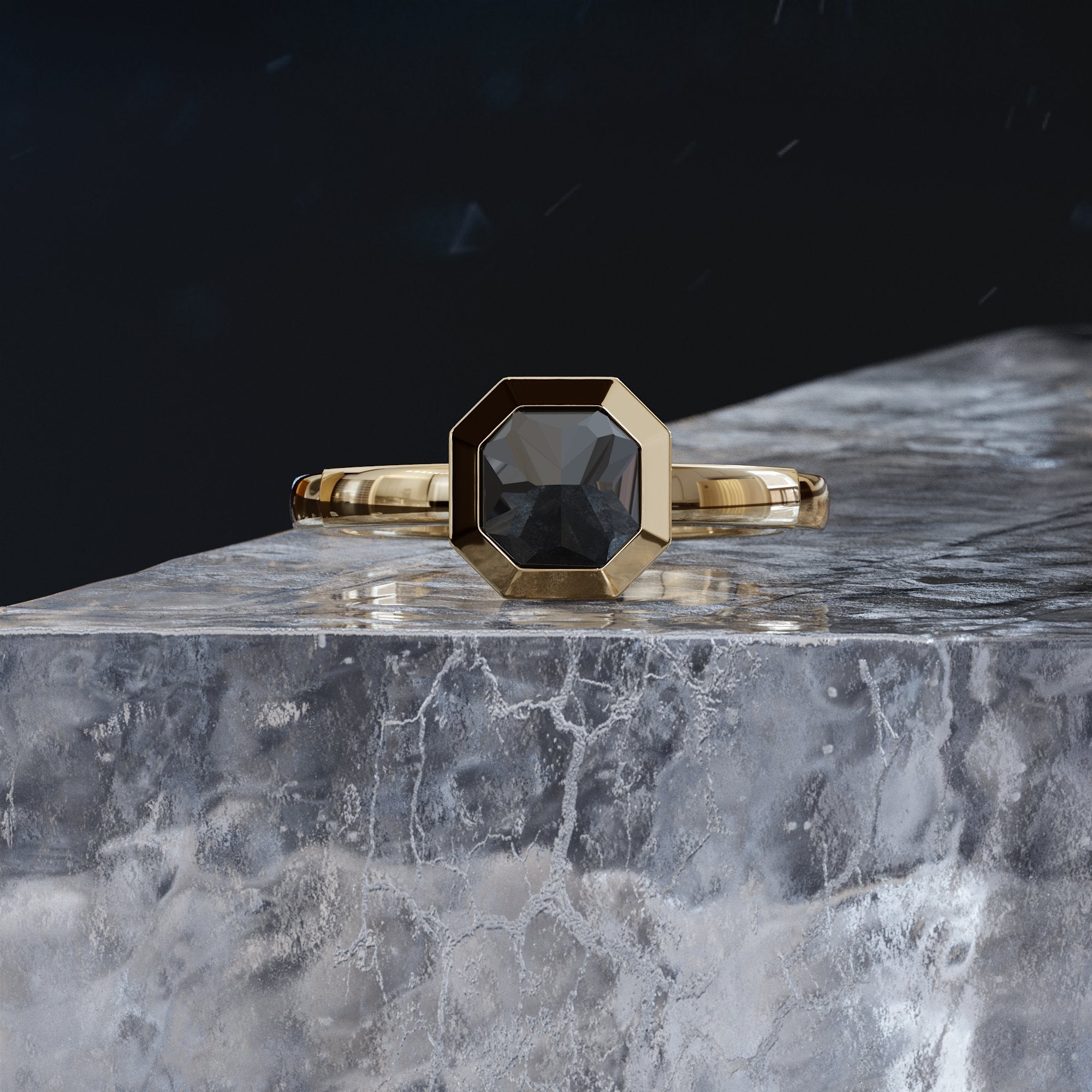 Unique Natural Black Diamond Emerald Cut Engagement Ring