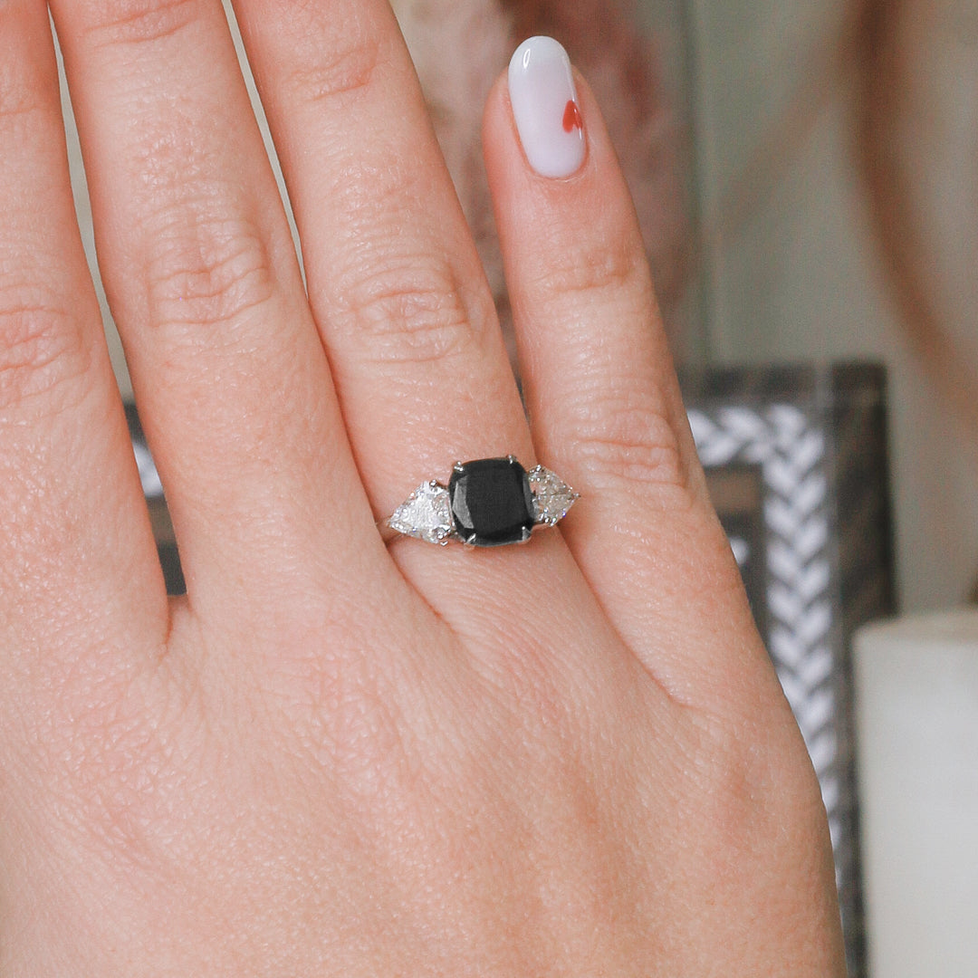 Three Stone Natural Black Diamond Cushion