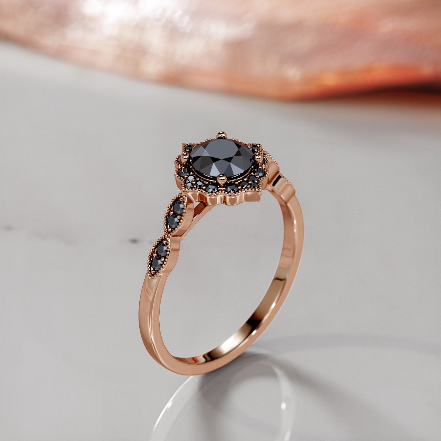 VIntage Halo Natural Black Diamond Round Engagement Ring