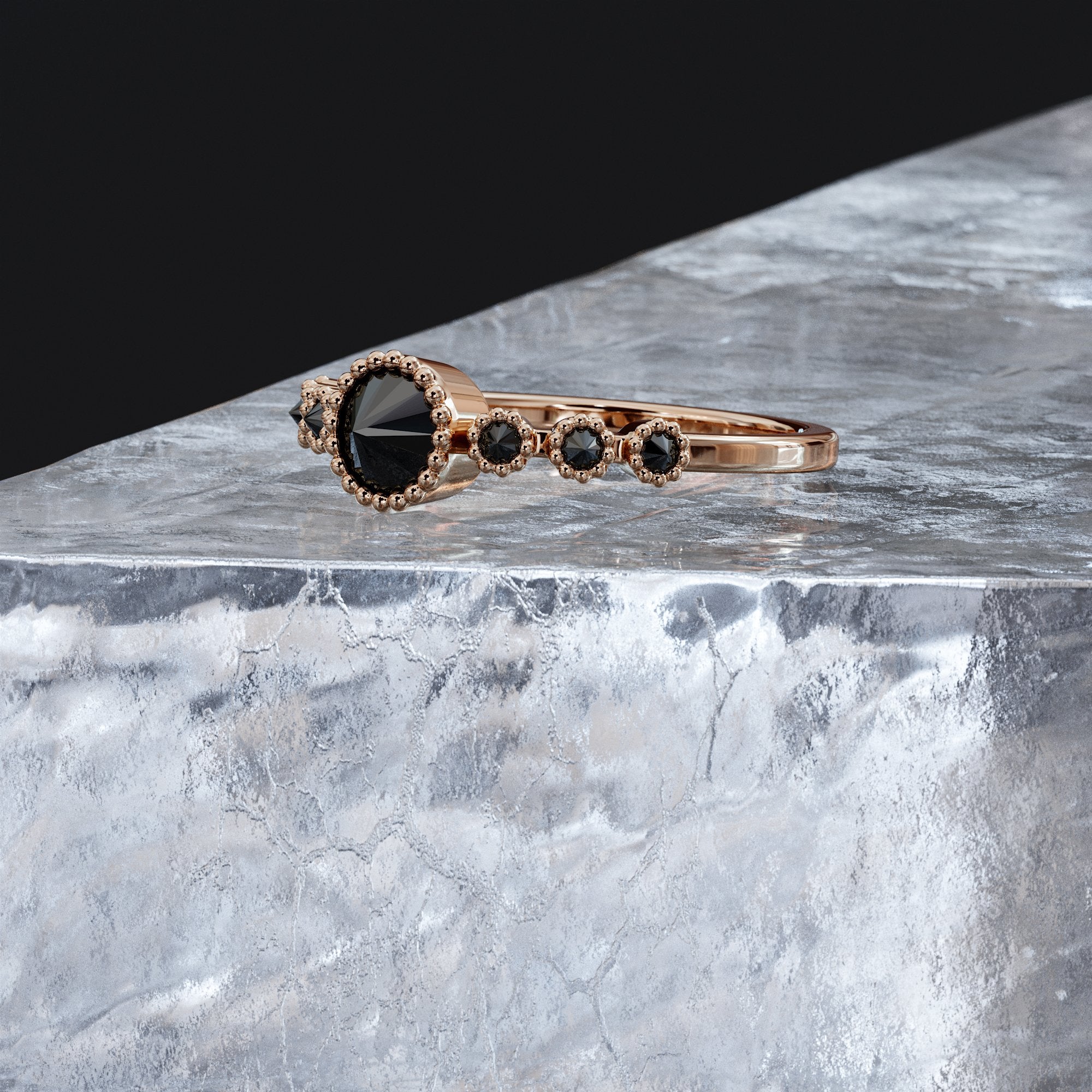 Butterfly - Unique Natural Black Diamond Round Engagement Ring In Rose Gold