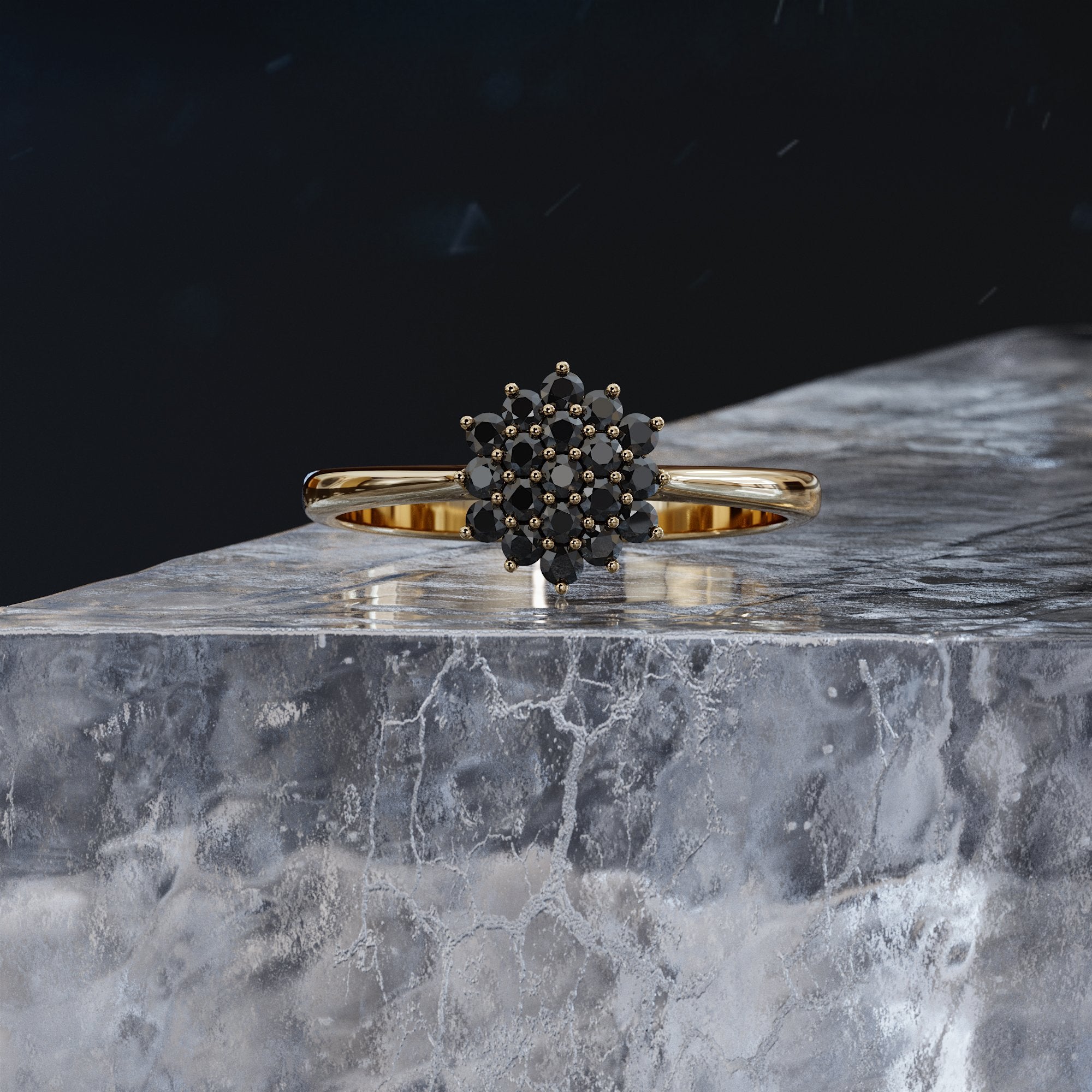 Cluster Natural Black Diamond Ring