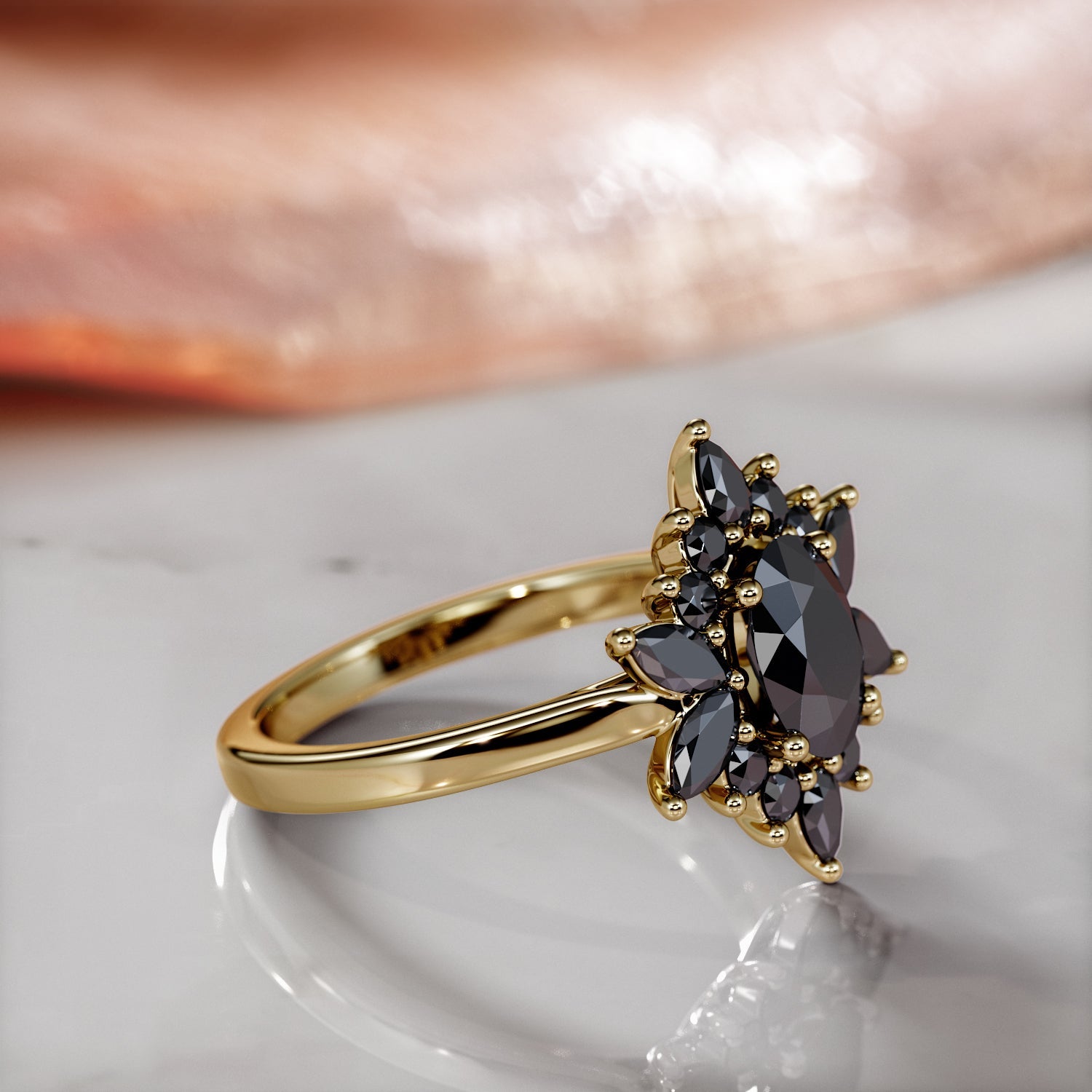 Floral Natural Black Diamond Oval Engagement Ring