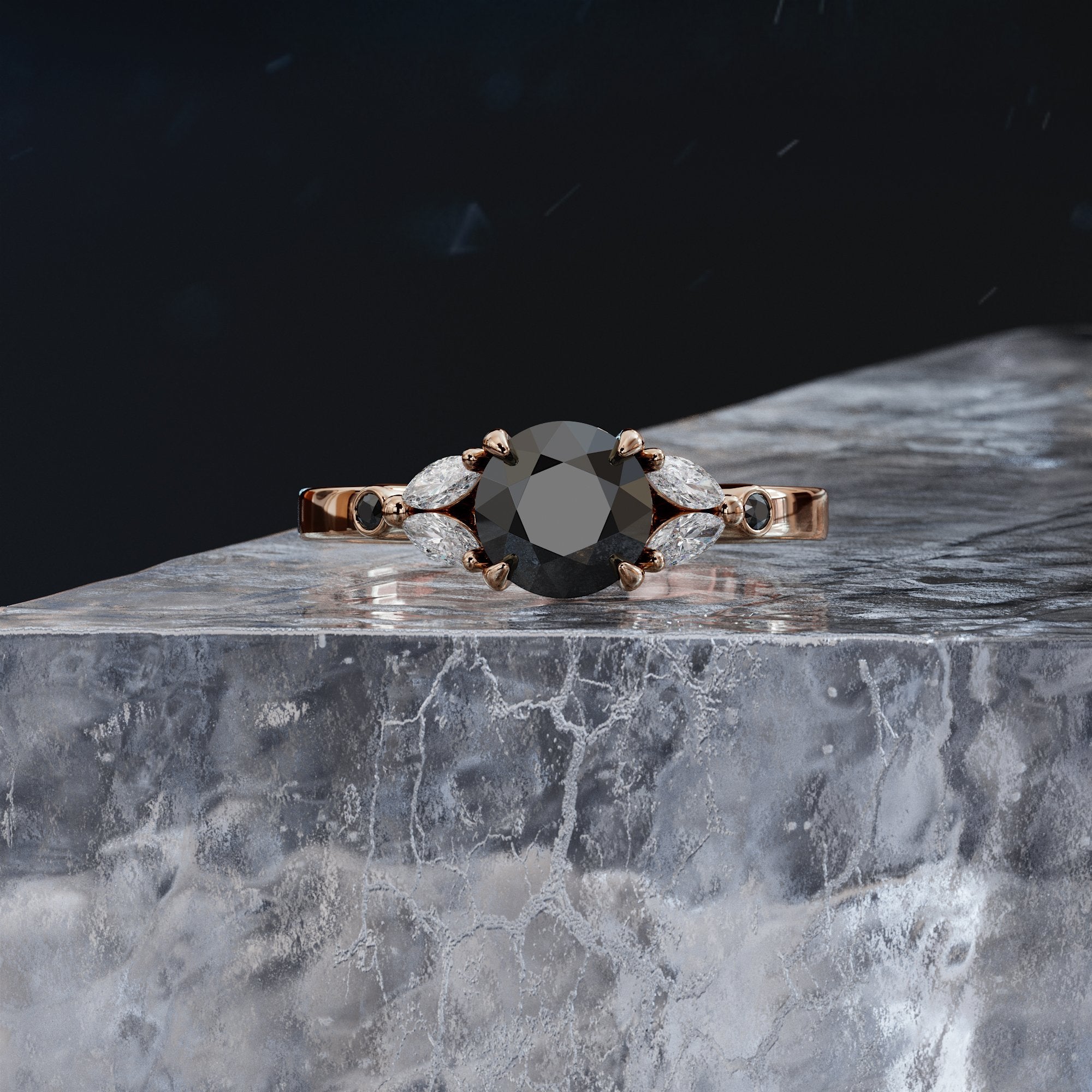 Floral Natural Black & White Marquise Diamond Ring