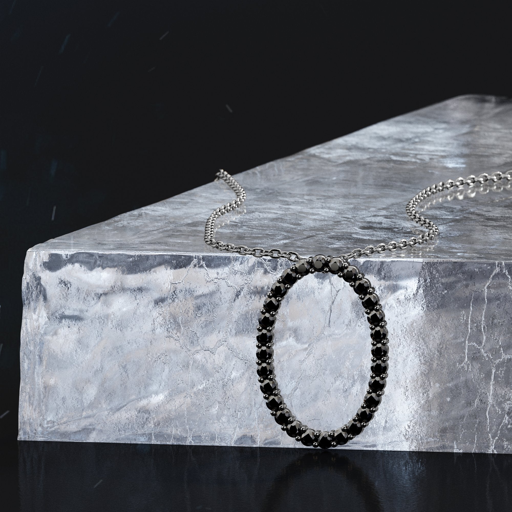 Oval Natural Black Diamond Alternative Pendant with a White Necklace