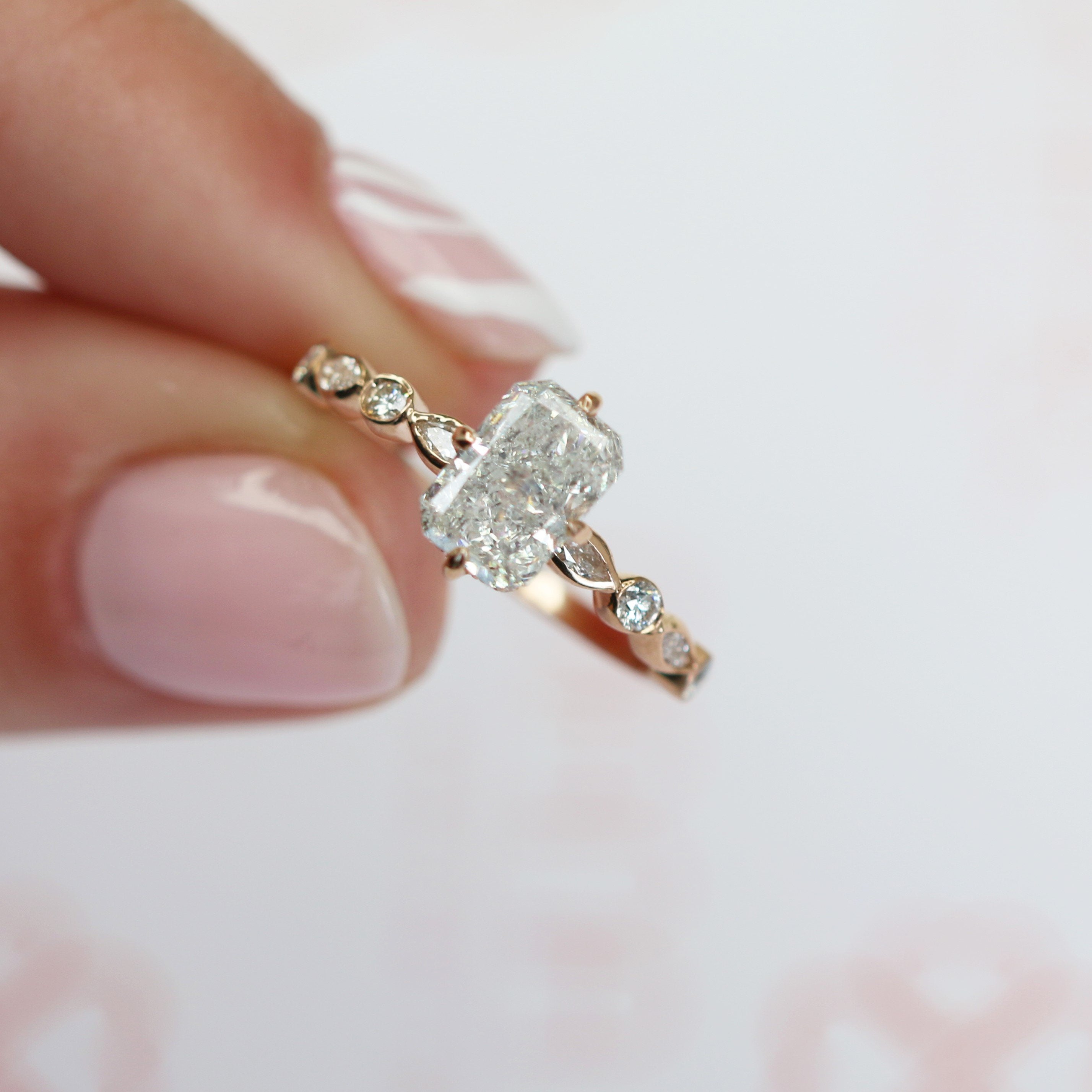 Art Deco Salt & Pepper Natural Radiant Diamond Engagement Ring