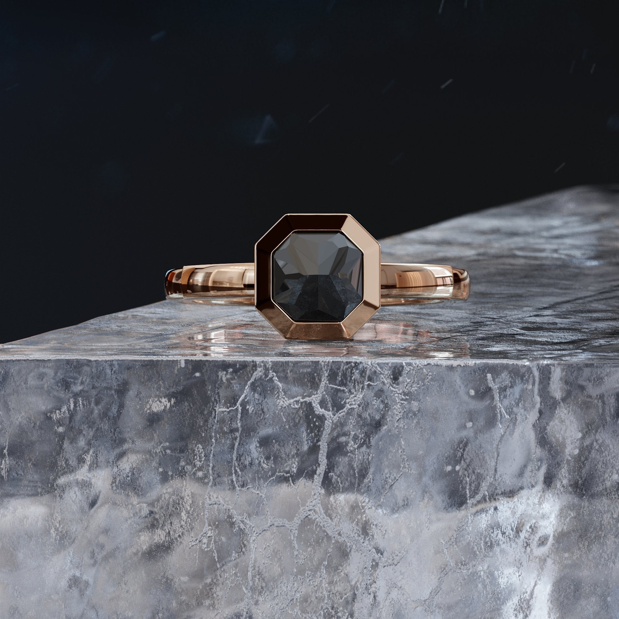 Raven's Wing - Unique Natural Black Diamond Emerald Cut Engagement Ring In Rose Gold