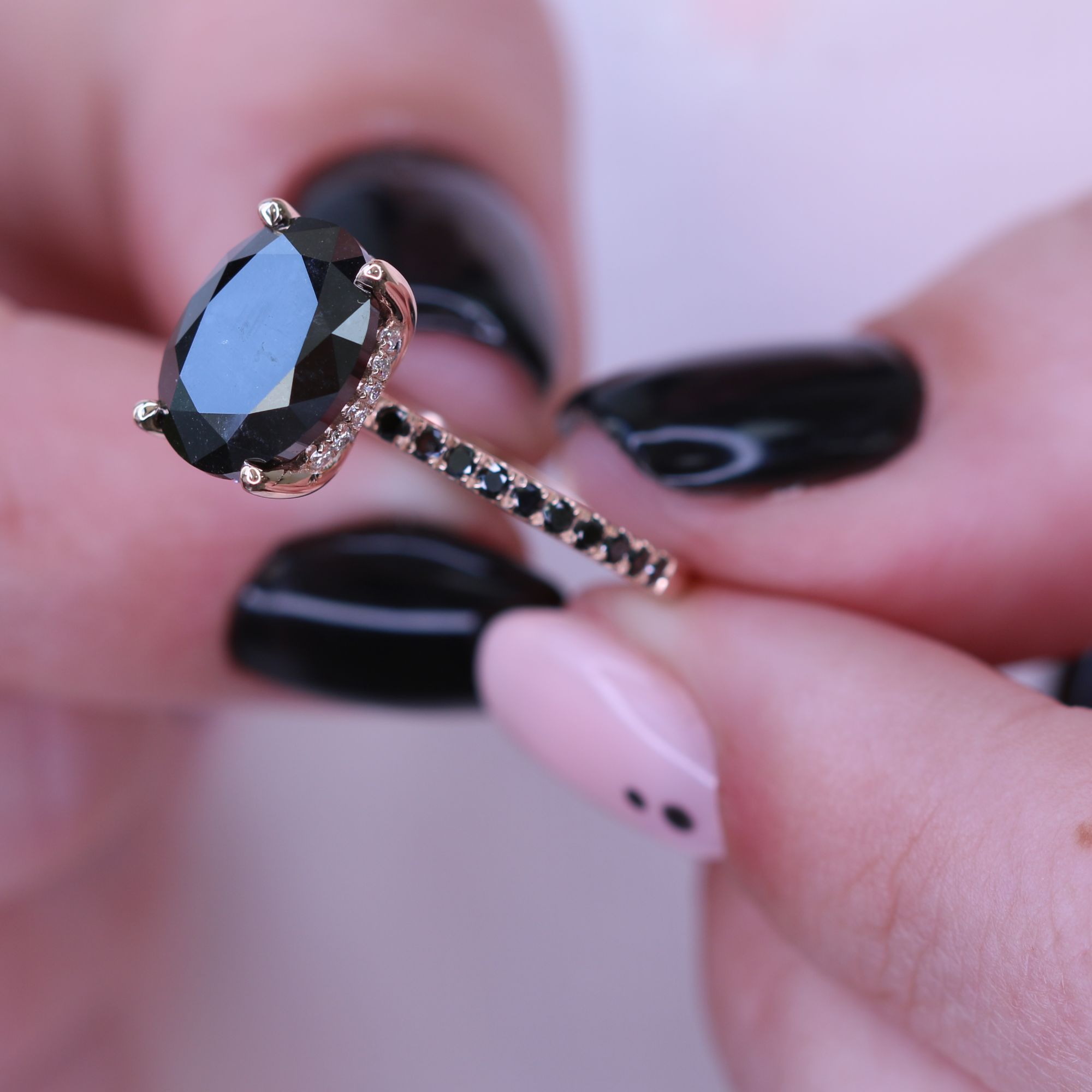 Unique Natural Black Diamond Oval Engagement Ring