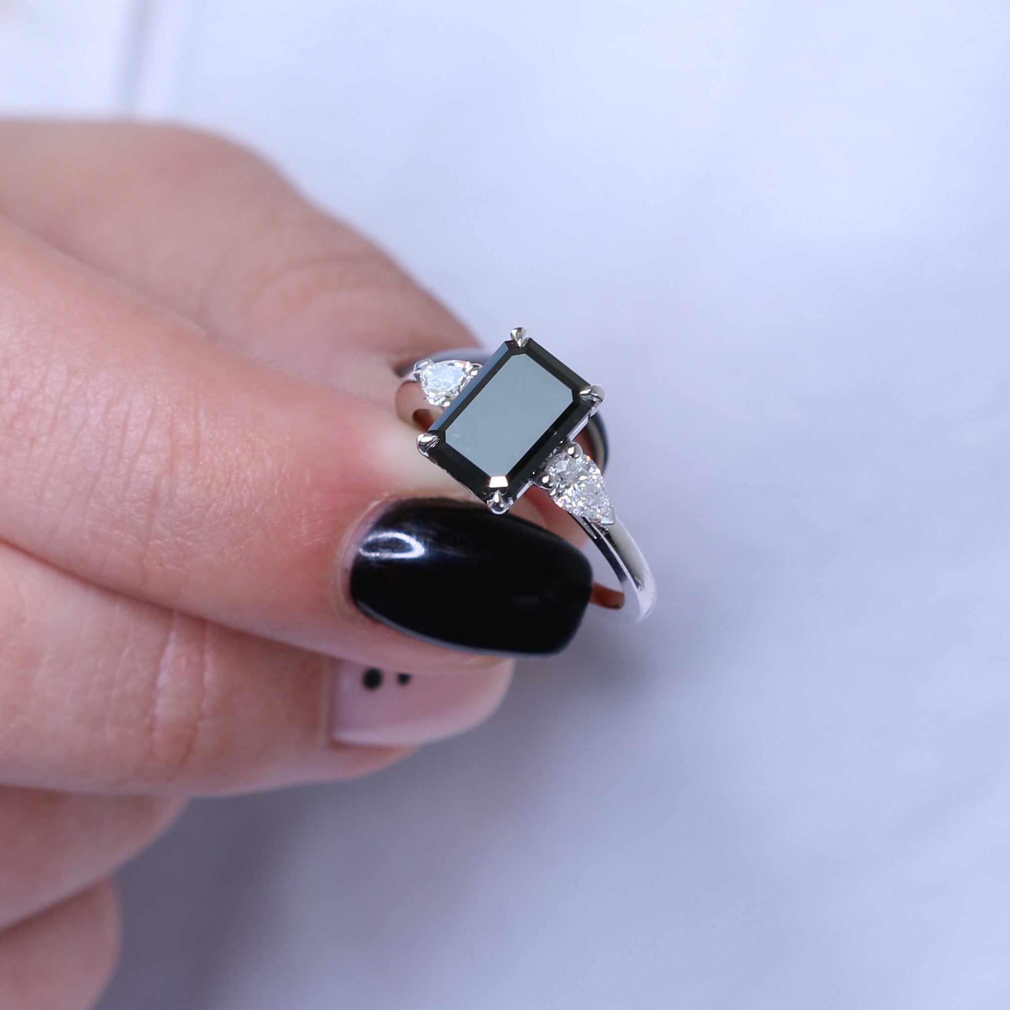 Unique Natural Black Diamond Emerald Engagement Ring