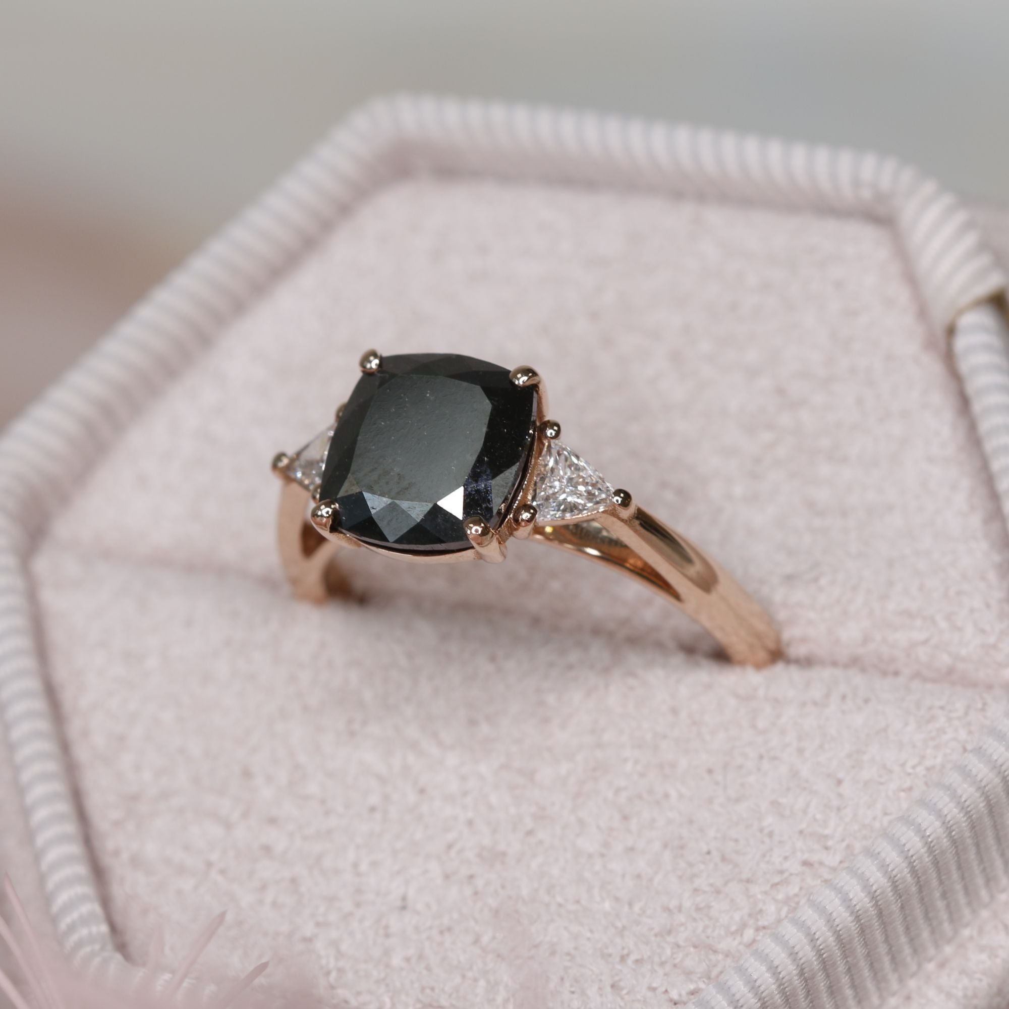 Unique Natural Black Diamond Cushion Engagement Ring
